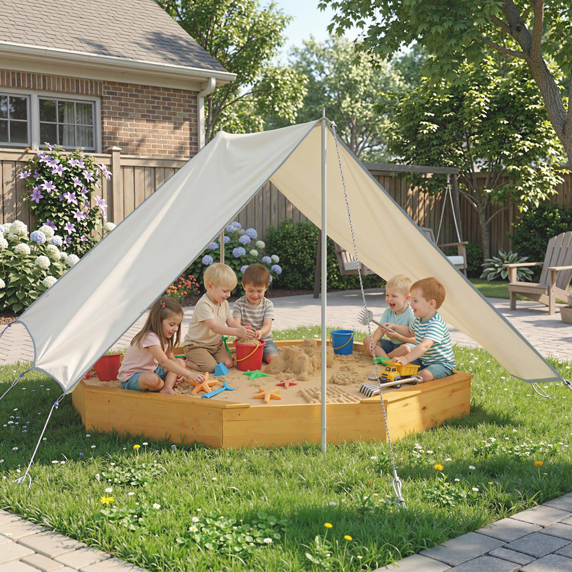 Alt View 1. Qaba - Sandbox with Large Canopy, Outdoor Sand Box with 4 Bench Seats - Yellow.