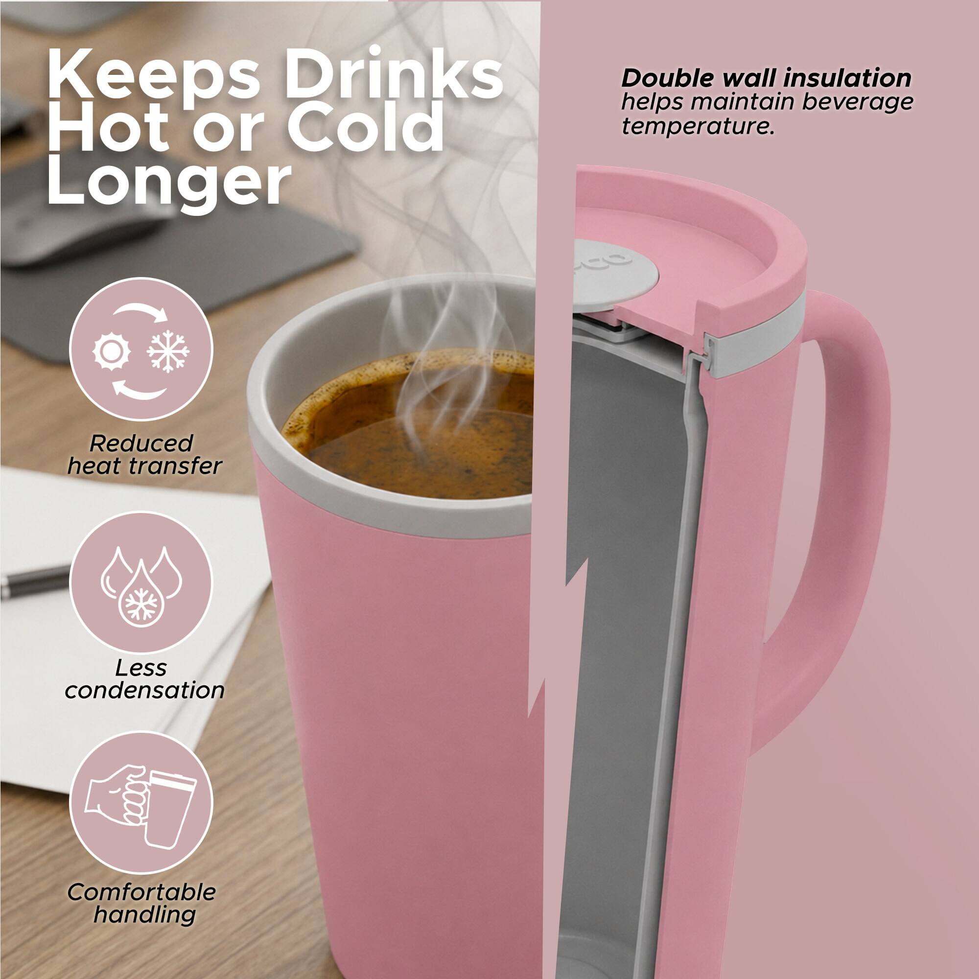 Keeps Drinks Hot or Cold Longer

Double wall insulation helps maintain beverage temperature.

Reduced heat transfer

Less condensation

Comfortable handling