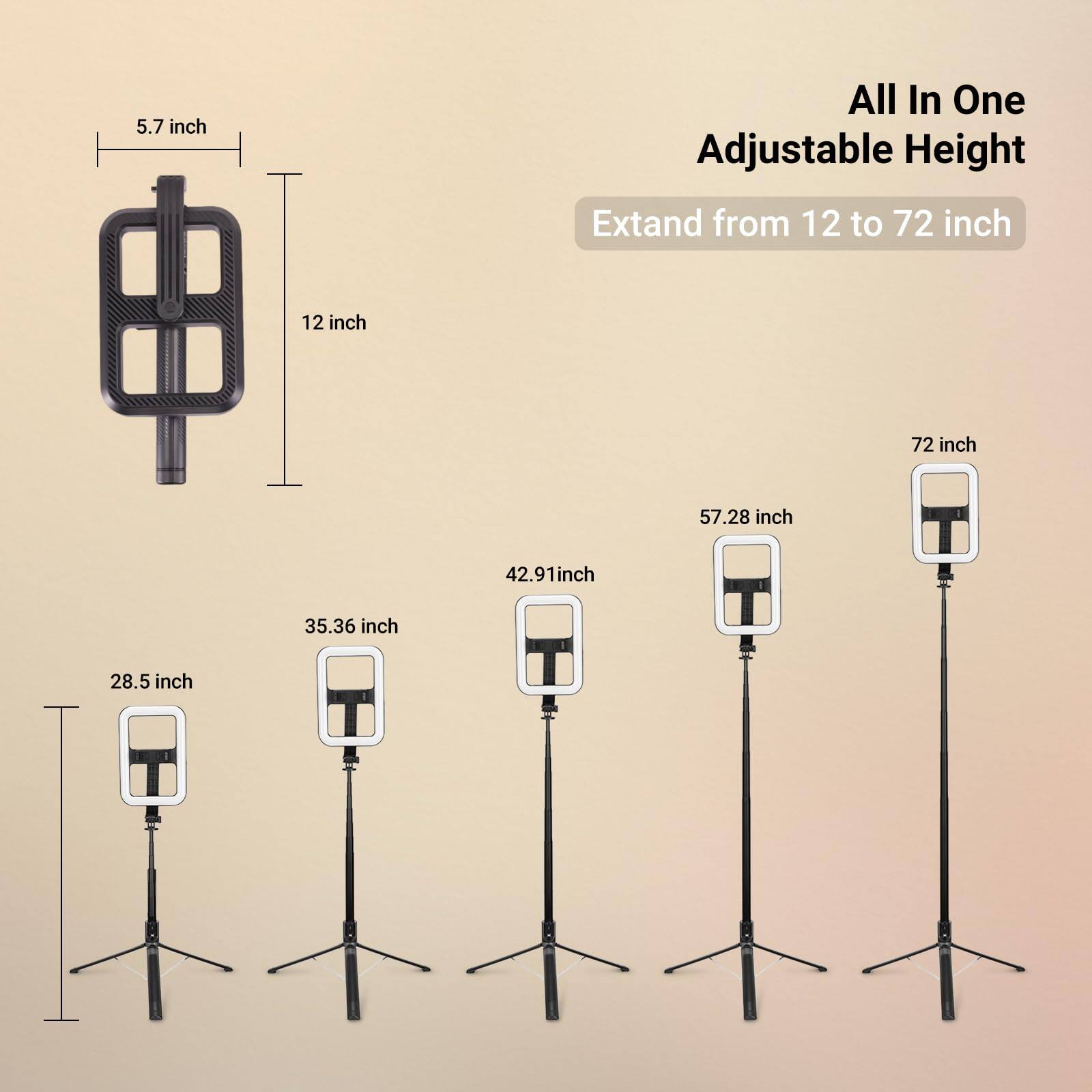 5.7 inch All In One Adjustable Height Extends from 12 to 72 inch

12 inch
28.5 inch
35.36 inch
42.91 inch
57.28 inch
72 inch