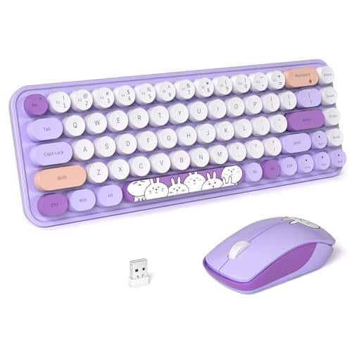 Stamp n Camp - Wireless And Mouse Cute Keyboards With Colorful 68 Keys Typewriter Retro Round Keycap For Pc Laptop Tablet Computer - i D Purple Colorful
