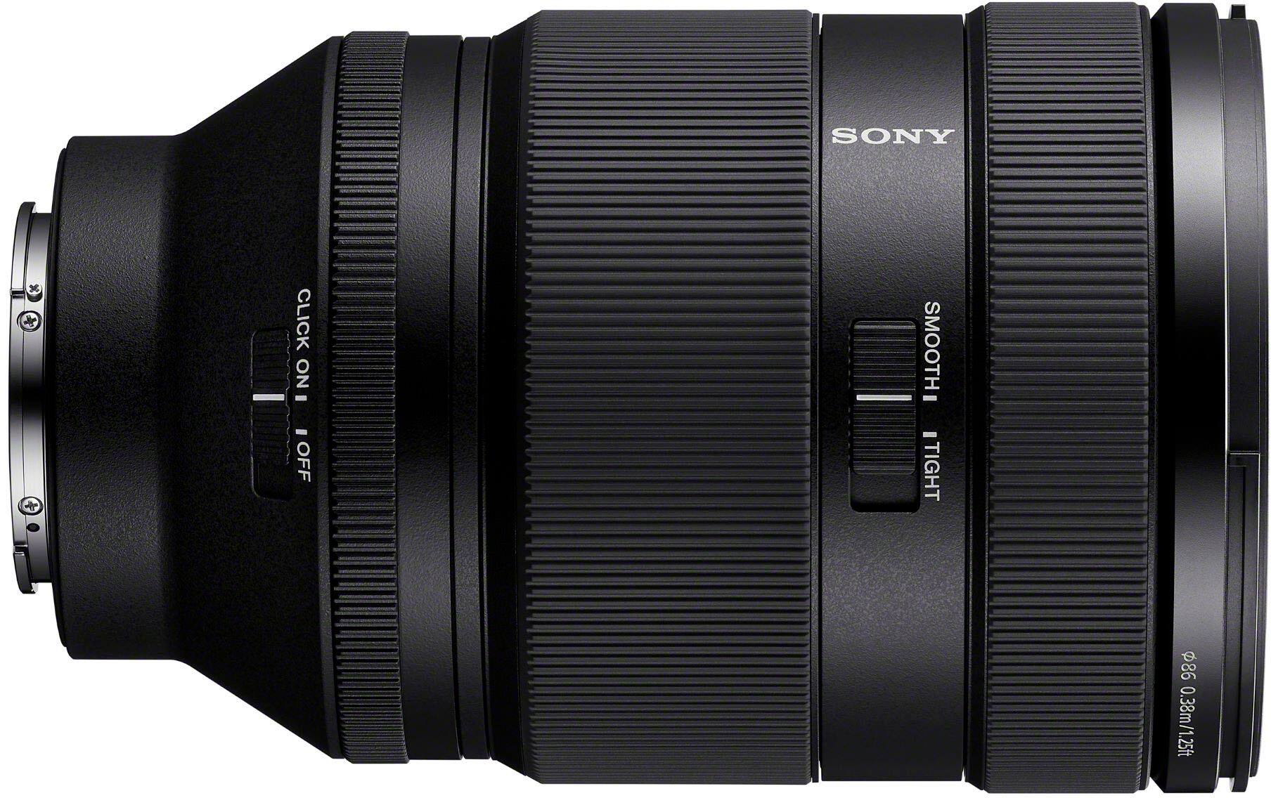 Sony camera lens with a click no - off switch and a smooth - tight focus. The lens has a focal length of 86 mm and is 1.25 feet long.