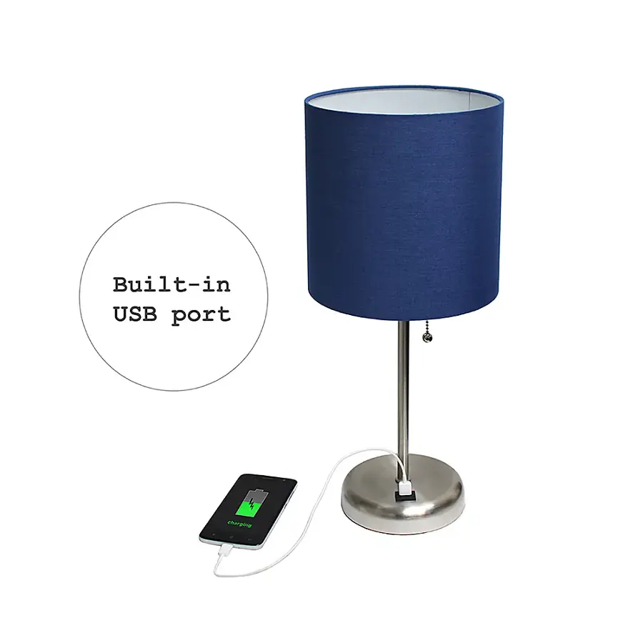 The image features a blue lamp with a built-in USB port, which allows for charging electronic devices such as a cell phone. The lamp is sitting on a table, and a cell phone is placed next to it, indicating that it is currently being charged. The USB port is a convenient and space-saving feature, making it a practical choice for those who want to keep their devices charged without needing additional chargers.