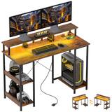 Homcom - Desk with Storage, 47" Reversible Computer Table with Power Outlets and LED Lights - Rustic Brown