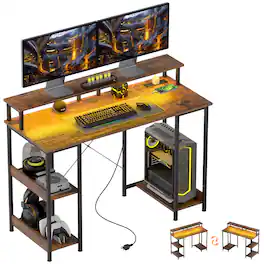 Homcom - 47" Gaming Desk with Power Outlets and LED Lights, Reversible Computer Desk with Monitor Stand - Rustic Brown