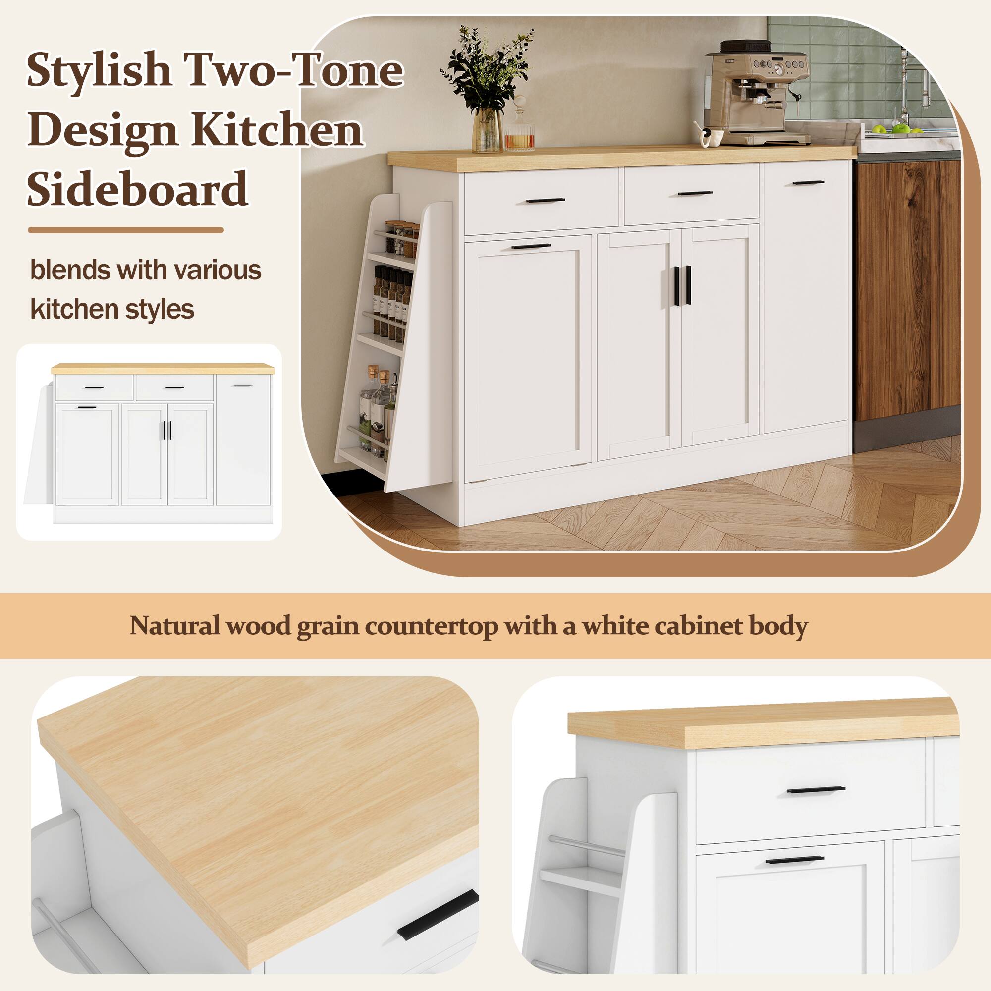 Stylish Two-Tone Design Kitchen Sideboard

- Blends with various kitchen styles
- Natural wood grain countertop with a white cabinet body