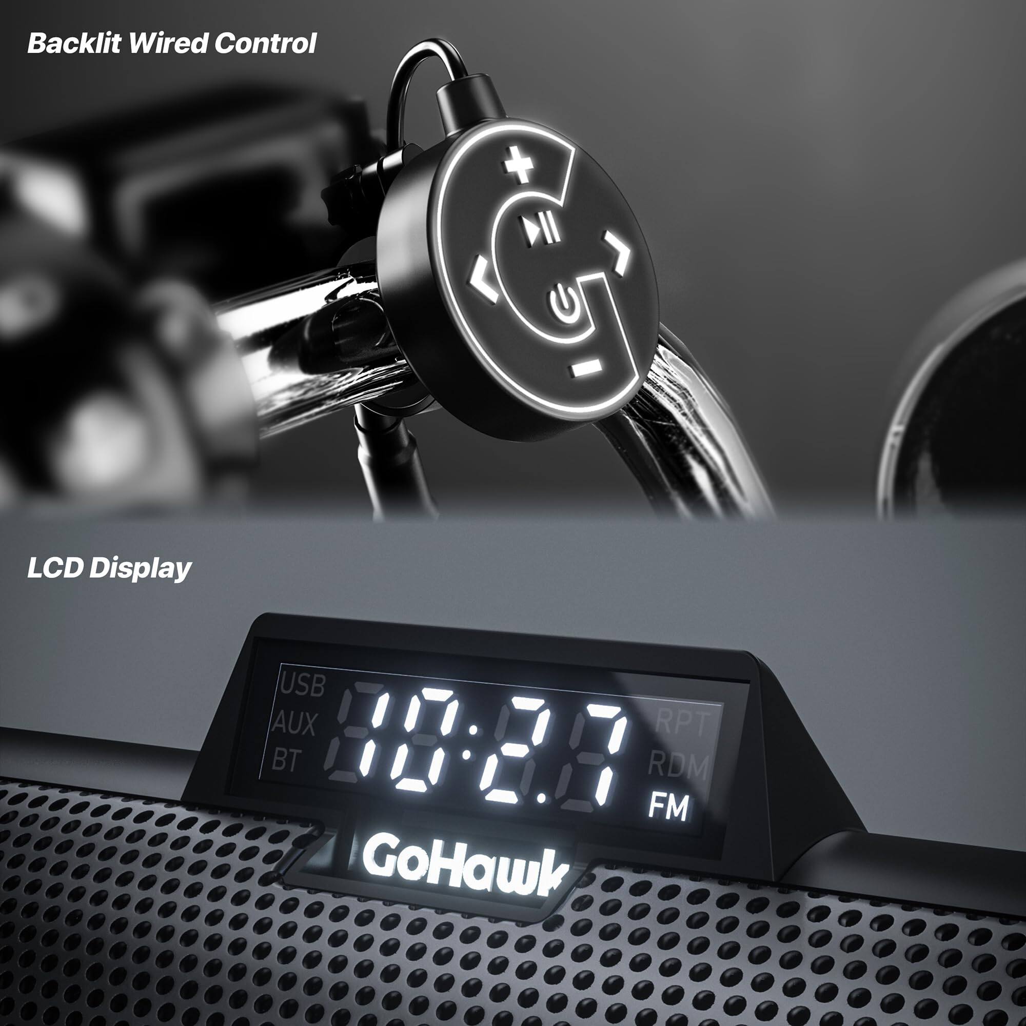 Backlit Wired Control

LCD Display

USB AUX BT

10:27

RPT RDM FM

GoHawk