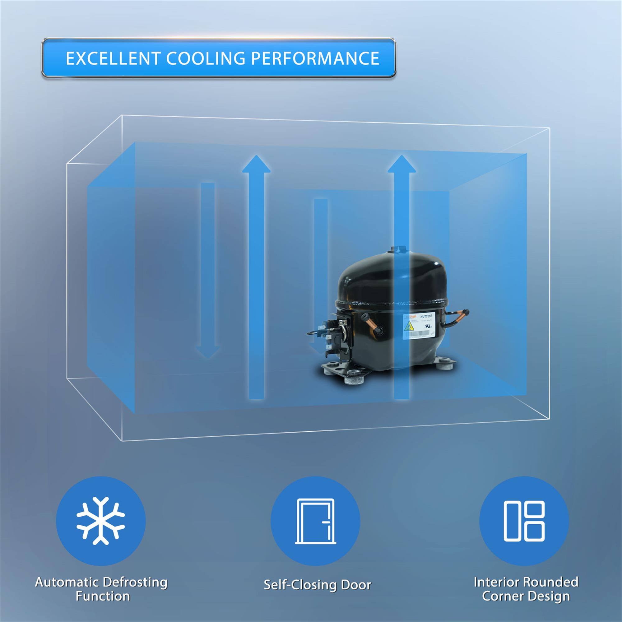 EXCELLENT COOLING PERFORMANCE

- Automatic Defrosting Function
- Self-Closing Door
- Interior Rounded Corner Design