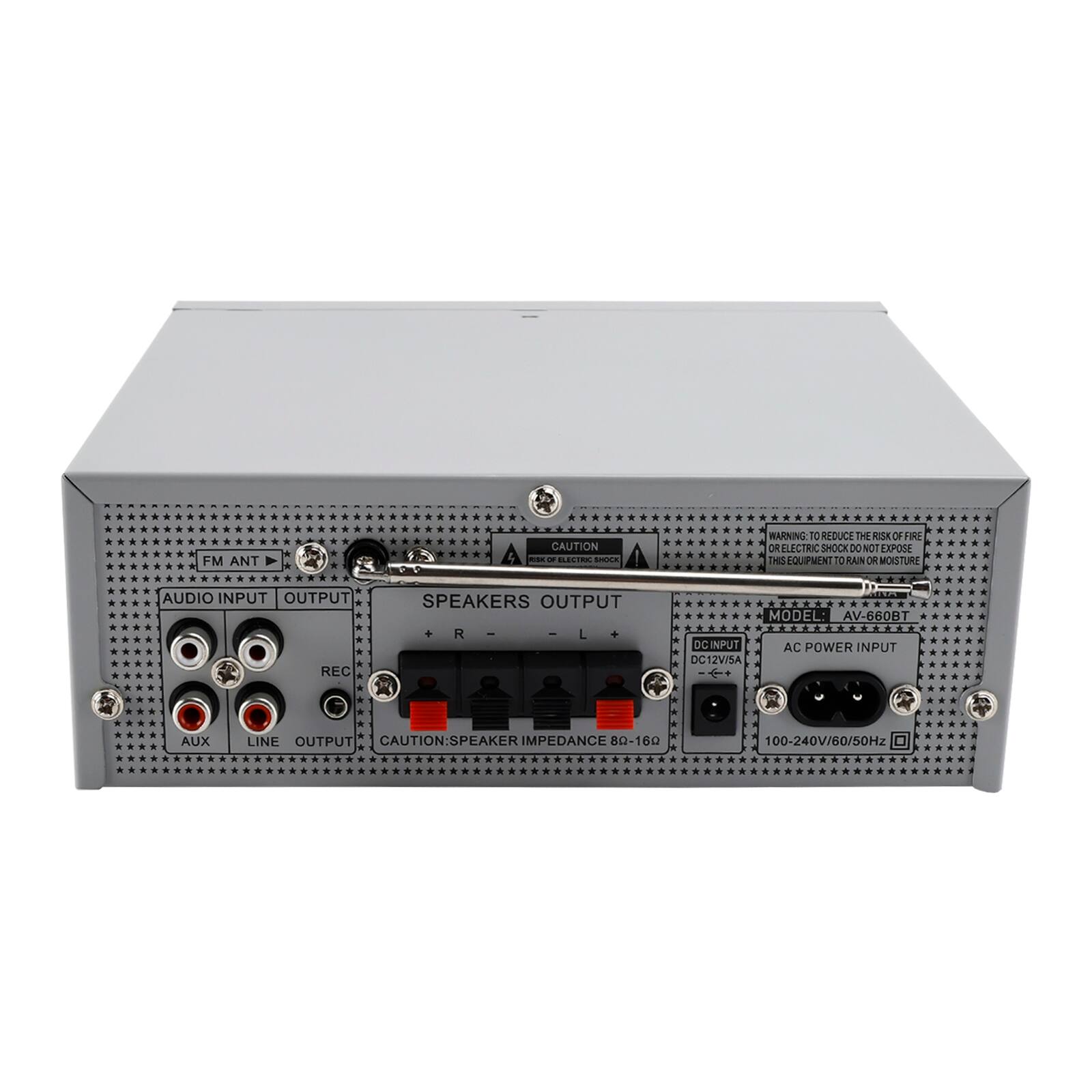 FM ANT

CAUTION - - - .EIE APOA MARNING 12 ROUCE THE Rx OF FIRE OR ELECTRIC SHOCK DO NOT EXPOSE THIS EQUIPMENT TO RAIN OR MOISTURE

AUDIO INPUT OUTPUT

SPEAKERS OUTPUT + R - L

MODEL: AV-660BT

AC POWER INPUT DC12V/5A

AUX LINE OUTPUT

CAUTION: SPEAKER IMPEDANCE 8Ω-16Ω

100-240V/60/50Hz