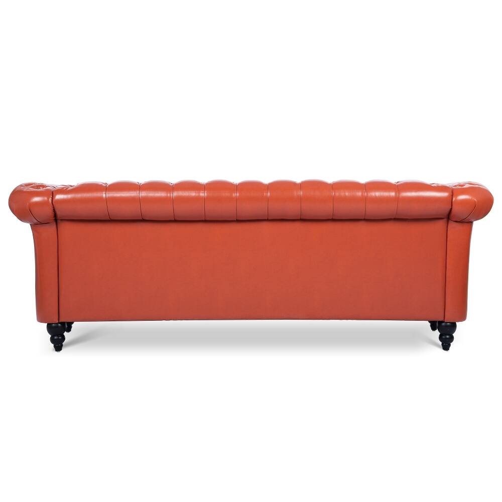 Alt View 4. Loheer - Loheer 84.65 Inch Rolled Arm Chesterfield 3 Seater Sofa PU Leather Couch Vintage Tufted Back Living Room Sofa - Brown.