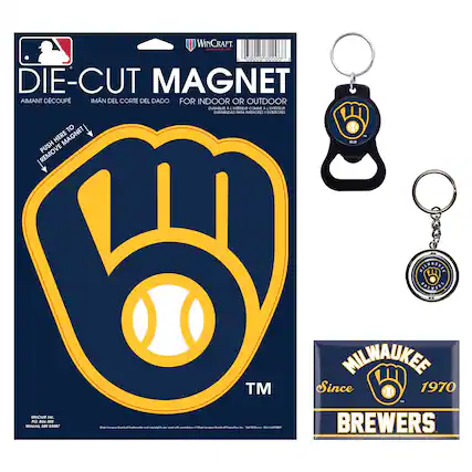 Sure, here is the corrected and grouped text from the image:
---
**Front of the Package:**
- **WinCraft**
- **DIE-CUT MAGNET**
- **AIMANT DÉCOUPÉ**
- **IMAN DEL CORTE DEL DADO**
- **FOR INDOOR OR OUTDOOR**
- **DURABLE FOR INDOOR OR OUTDOOR USE**
- **DURABLE A L'INTÉRIEUR OU À L'EXTÉRIEUR**
- **DURABLE PARA INTERIORES Y EXTERIORES**
- **PUSH HERE TO REMOVE MAGNET**
- **TM**
- **WinCraft Inc.**
- **WinnCraft, Inc. © 58987**
- **Major League Baseball trademarks and copyrights are used with permission of Major League Baseball Properties, Inc.**
- **© 2018 Milwaukee Brewers**
**Keychain:**
- **MILWAUKEE**
- **Since 1970**
- **BREWERS**
- **MLB**
**Back of the Package:**
- **WinCraft**
- **DIE-CUT MAGNET**
- **AIMANT DÉCOUPÉ**
- **IMAN