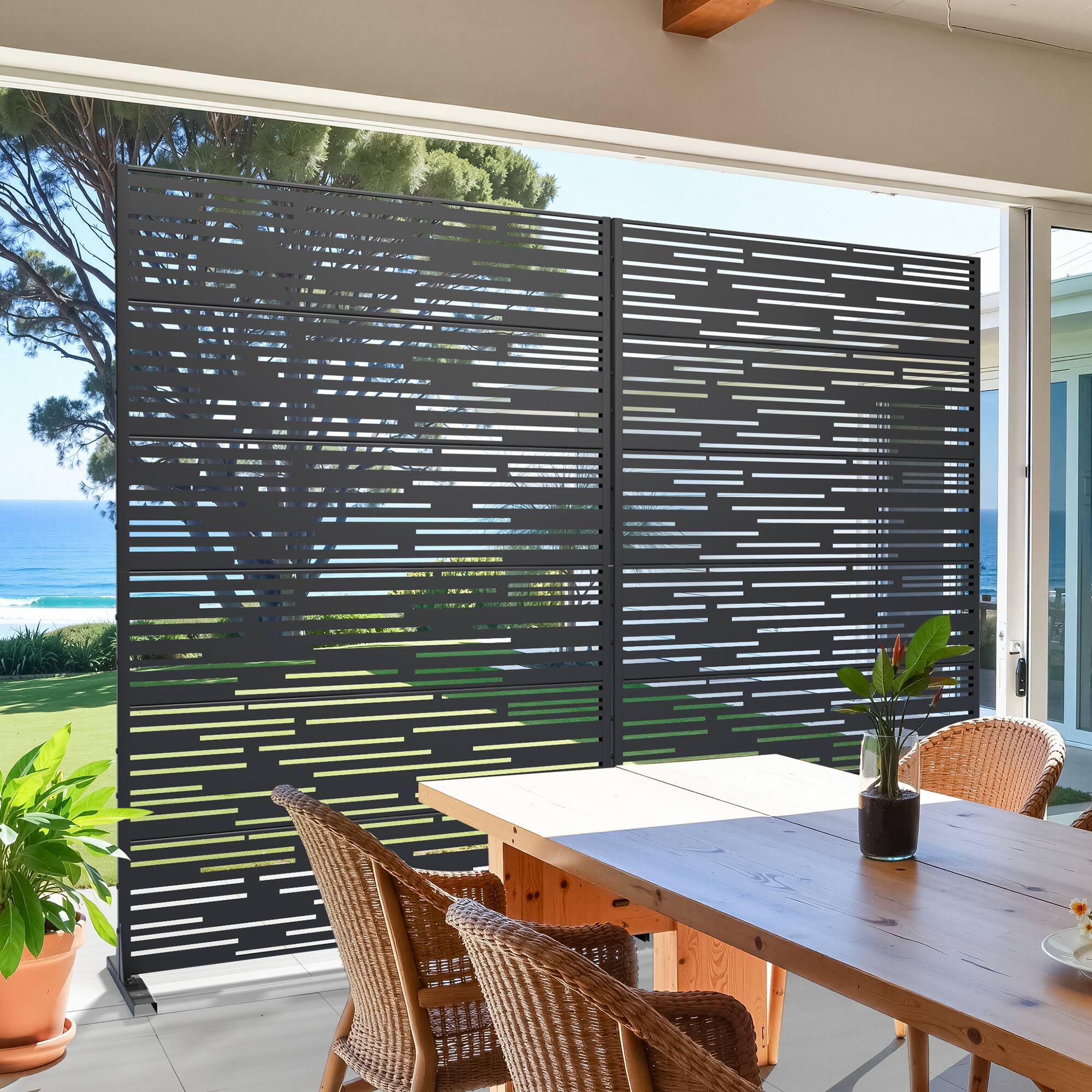 Alt View 2. PexFix - 72 in. x 47 in. Shine Pattern Metal Outdoor Privacy Screen & Panels, Freestanding Garden Divider Fence - Black.