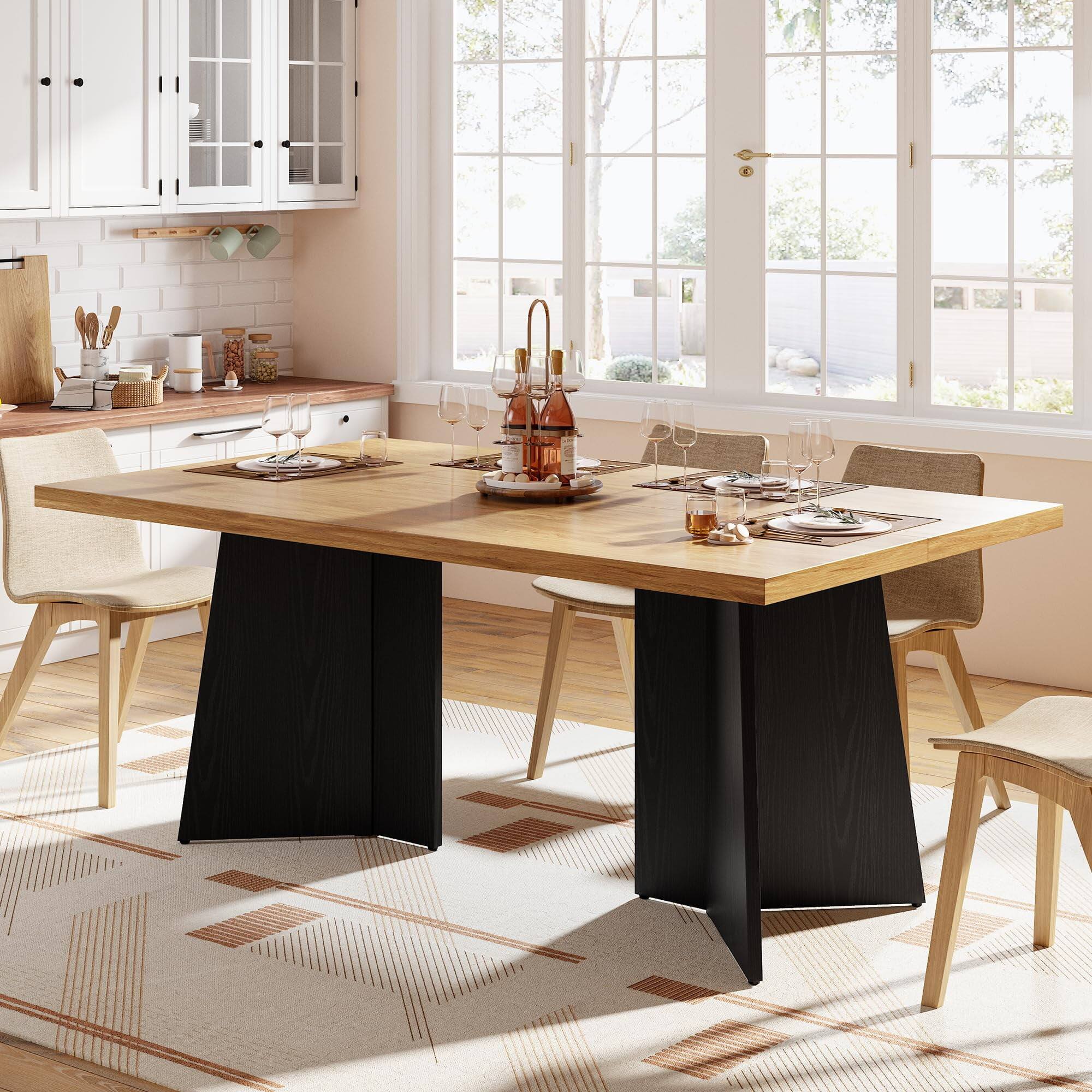 Alt View 2. Homhougo - 71-Inch Long Dining Table for 6-10 People - Modern Kitchen Table with Heavy Duty Base - Natural Wood Color + Black.