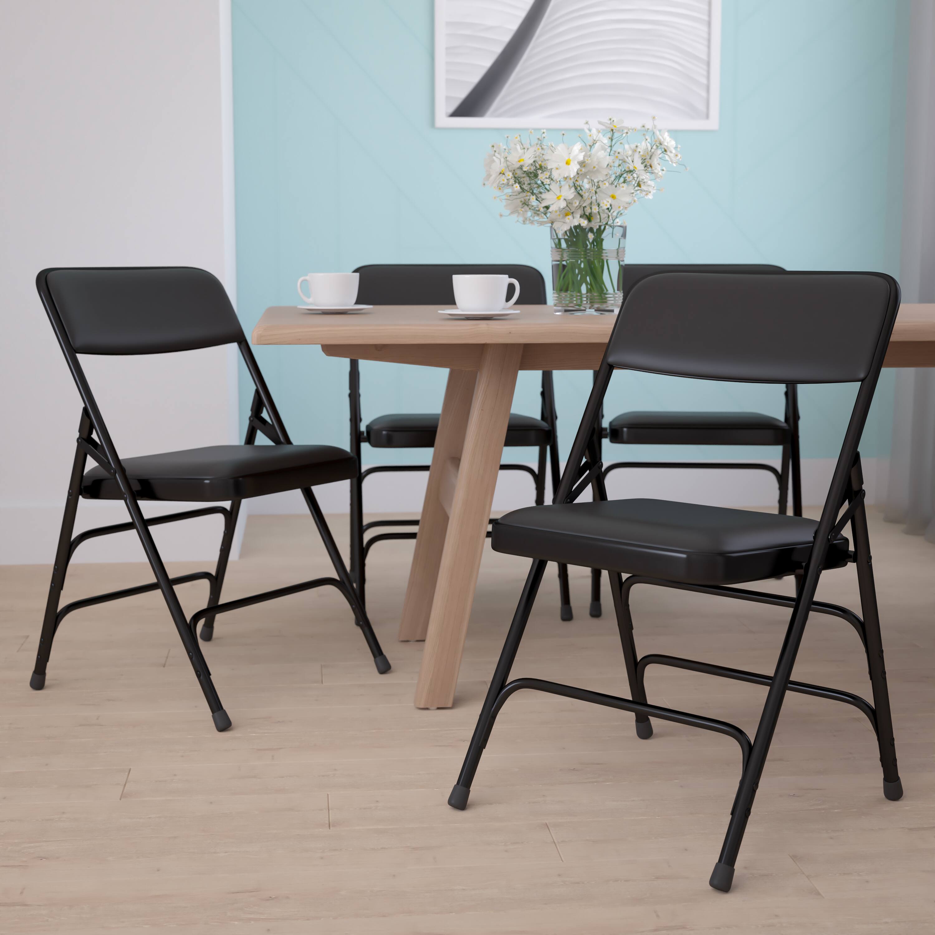Alt View 2. Emma + Oliver - 4 Pack Home & Office Portable Party Events Padded Metal Folding Chair - Black Vinyl/Black Frame.