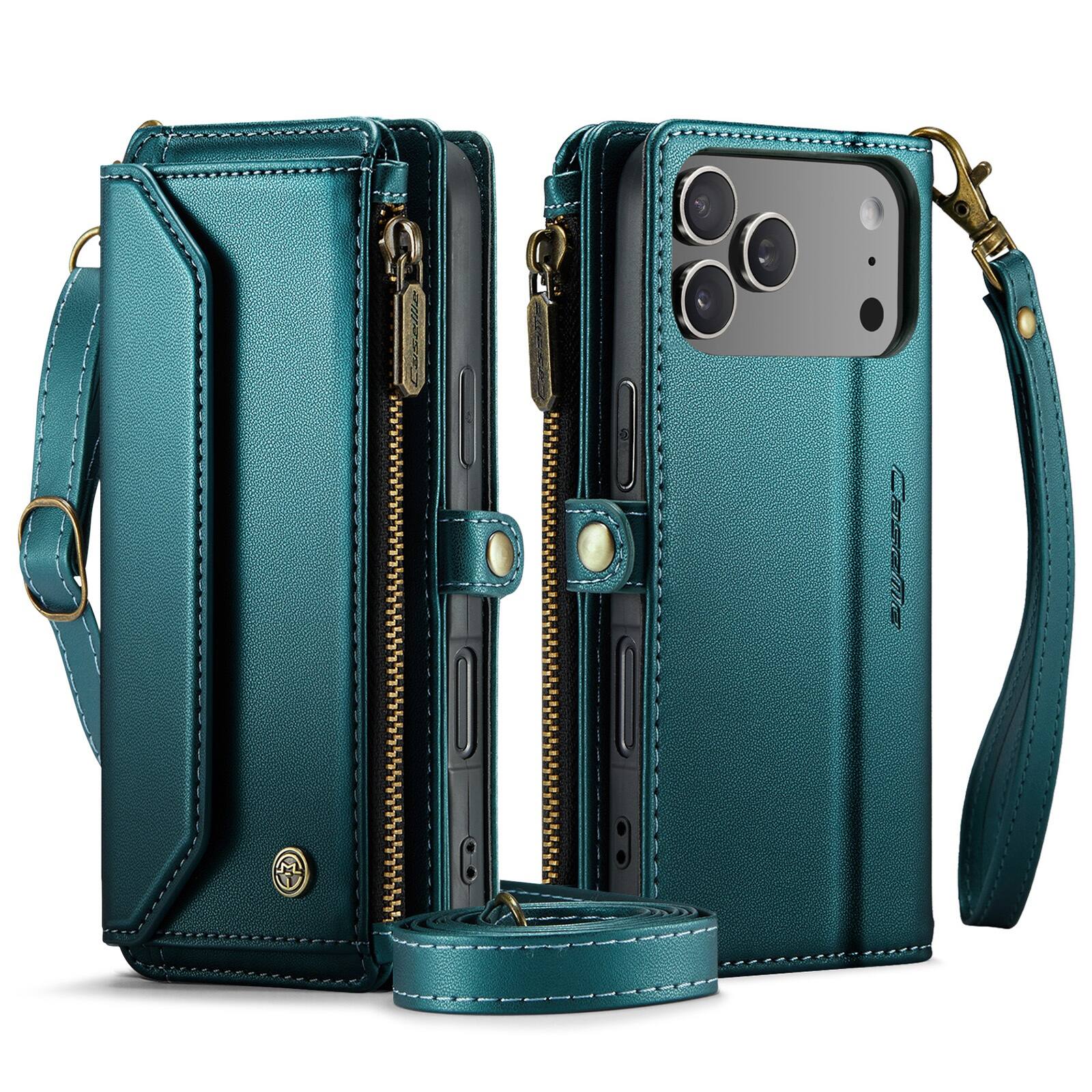 Angle. UUCOVER - Magnetic Zipper Wallet Case for iPhone 17 Pro Max Leather Card Slots RFID Blocking Stand Cover with Shoulder/Wrist Strap - Green.