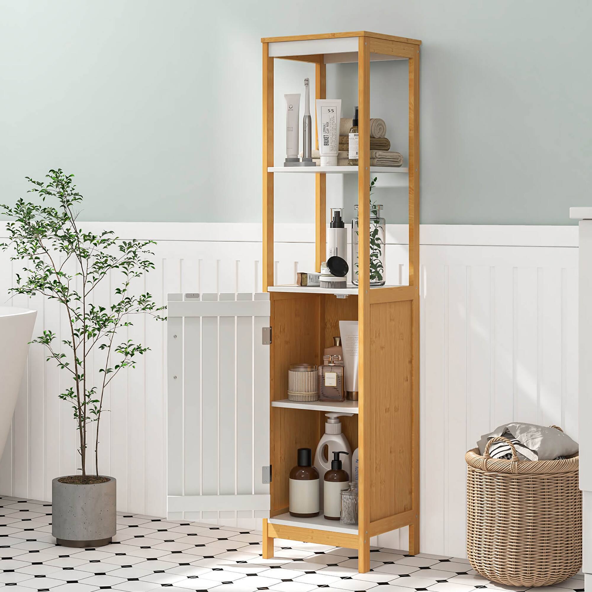 Alt View 1. Gymax - Gymax Tall Bathroom Floor Cabinet Bamboo Bathroom Storage w/Adjustable Shelf &Cupboard - White, Natural.
