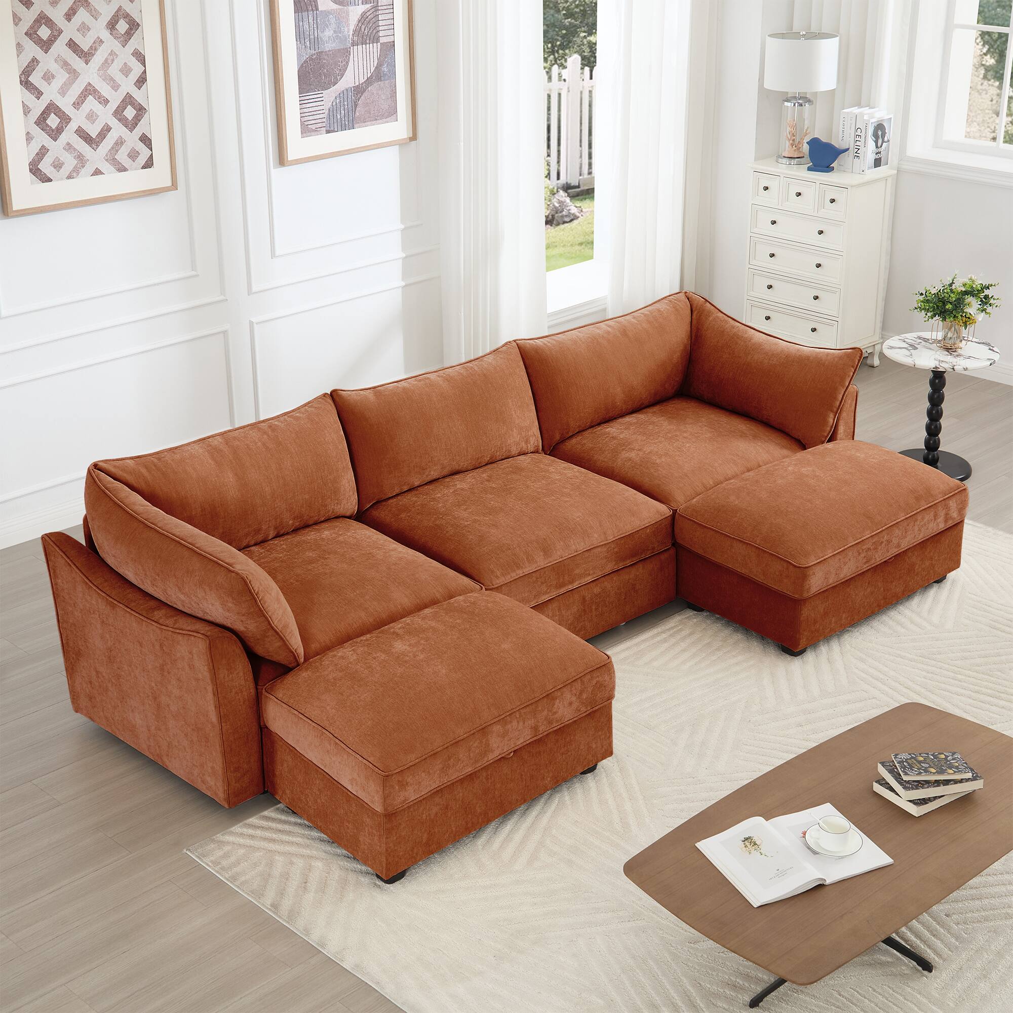Angle. Aukfa - U-Shaped 3-Seater Deep-Seat Sofa with 2 Footstools - Pull-Out Storage Drawers, Crescent Armrests, Chenille - Orange.