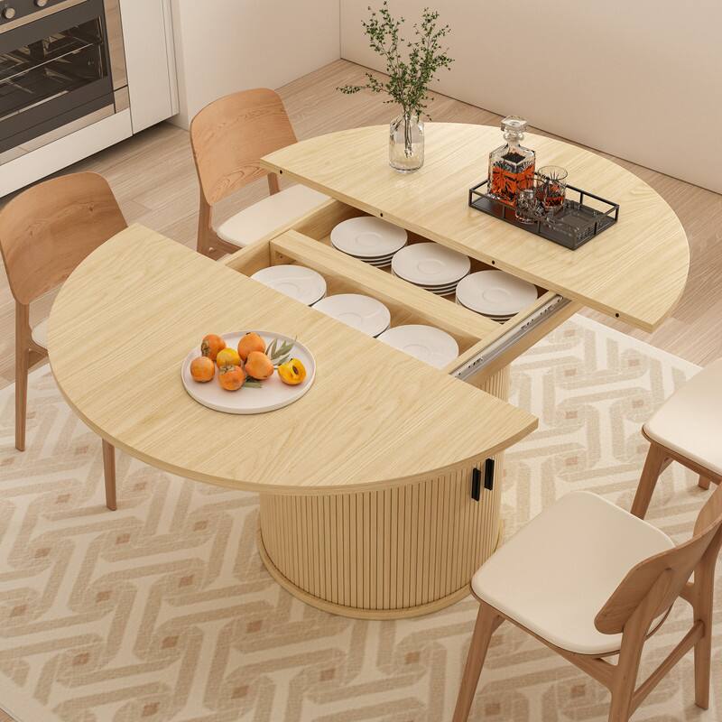 Alt View 5. Dyonery - 63'' Extendable Round Kitchen Dining Room Table with 2-Tier Storage Shelf, with Pedestal Base,Wood Oval Dinner Furniture - Natural wood.