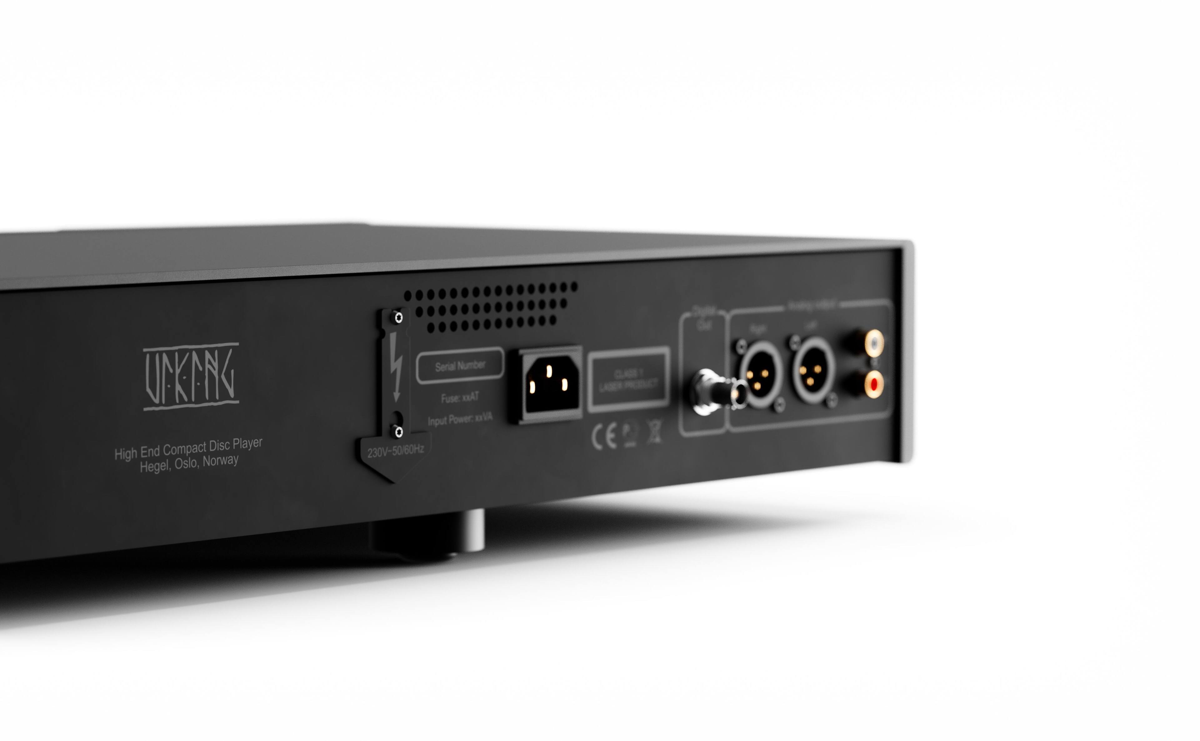 The text on the image reads: "UCKANK End Compact Disc Player High Norway Hegel, Oslo, 0 Serial Number Fuse: TAKK Power: 1 VA Input 230V-50/60Hz DA LASER S De A."