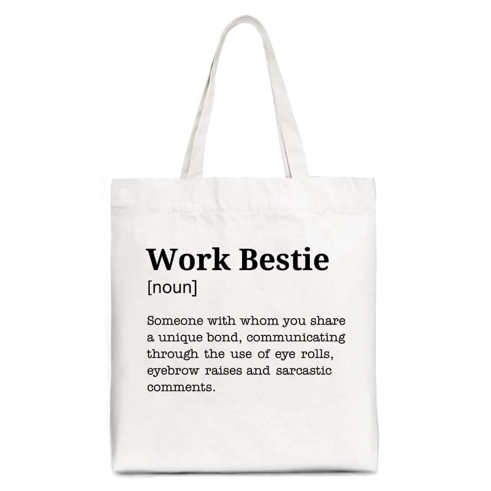 OrnamentallyYou - Work Bestie Definition Canvas Tote Bag, Funny Gift Shopper for Office Best Friends - White