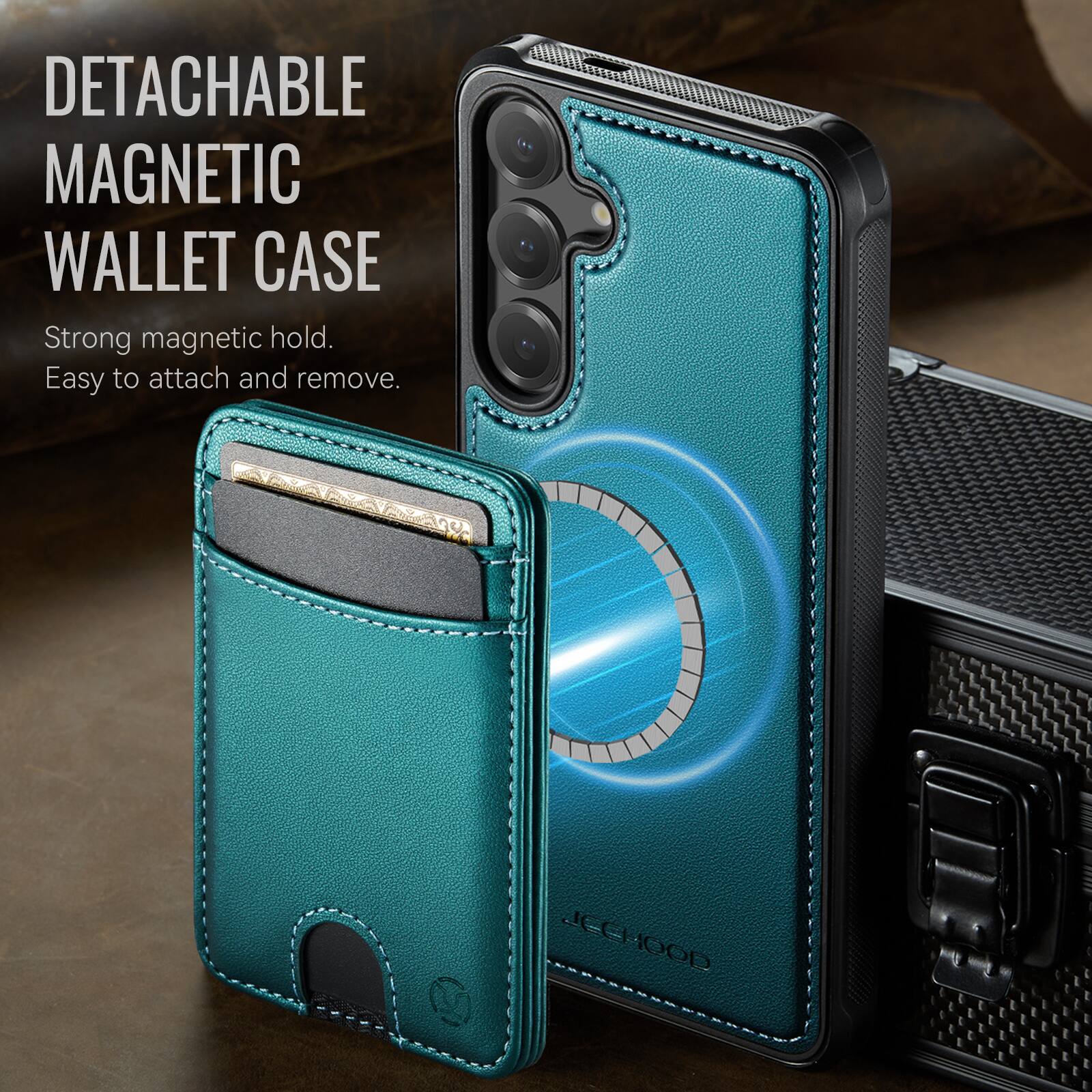 DETACHABLE MAGNETIC WALLET CASE

Strong magnetic hold.  
Easy to attach and remove.

JECHOOD