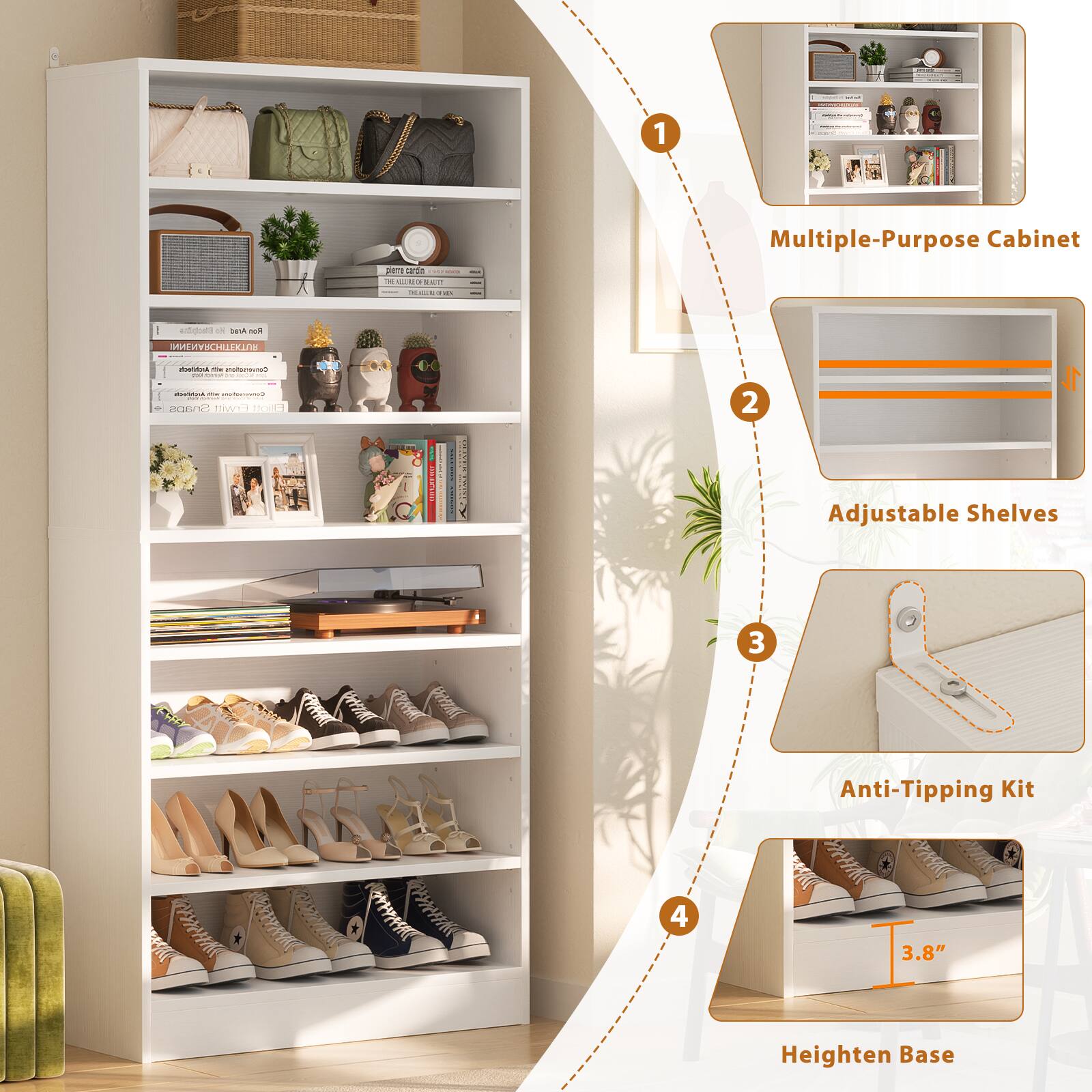 1. Multiple-Purpose Cabinet
2. Adjustable Shelves
3. Anti-Tipping Kit
4. 3.8" Heighten Base