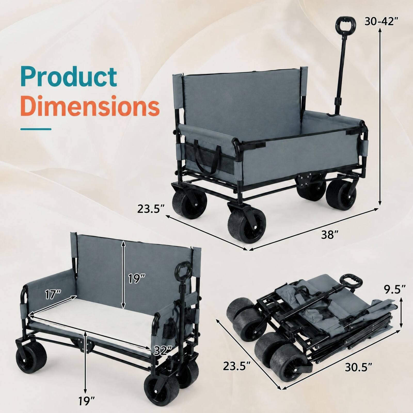 30-42"  
Product Dimensions  
23.5"  
38"  
17"  
19"  
9.5"  
32"  
23.5"  
30.5"  
19"