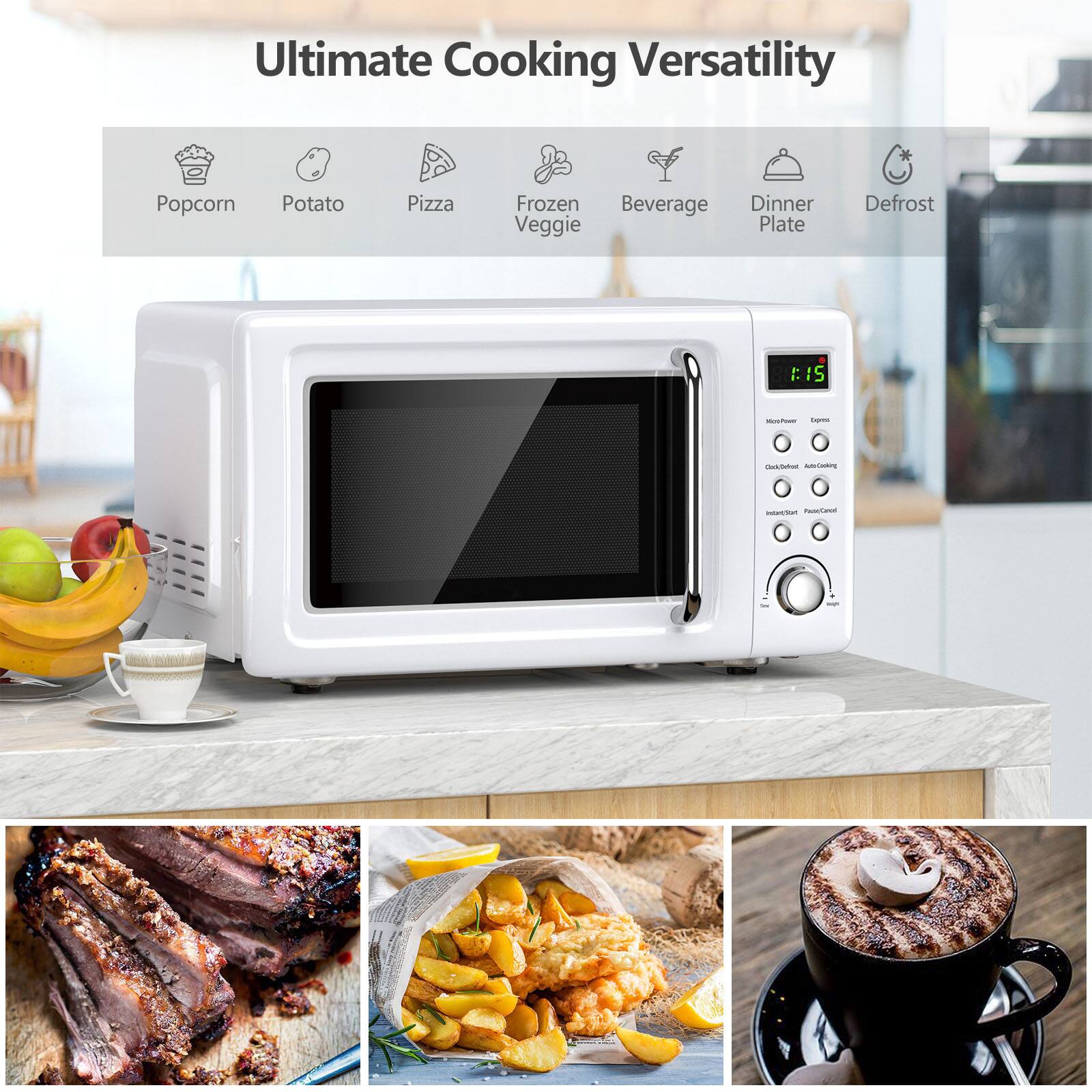 Ultimate Cooking Versatility  
Popcorn Potato Pizza Frozen Veggie Beverage Dinner Plate Defrost