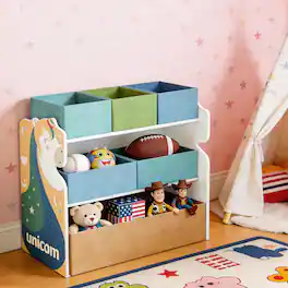 Malletson - Kids Toy Storage Organizer with Fabric Bins, 3-Tier Children’s Toy Shelf with Unicorn Side Panels for Playroom, Bedroom - Multicolor