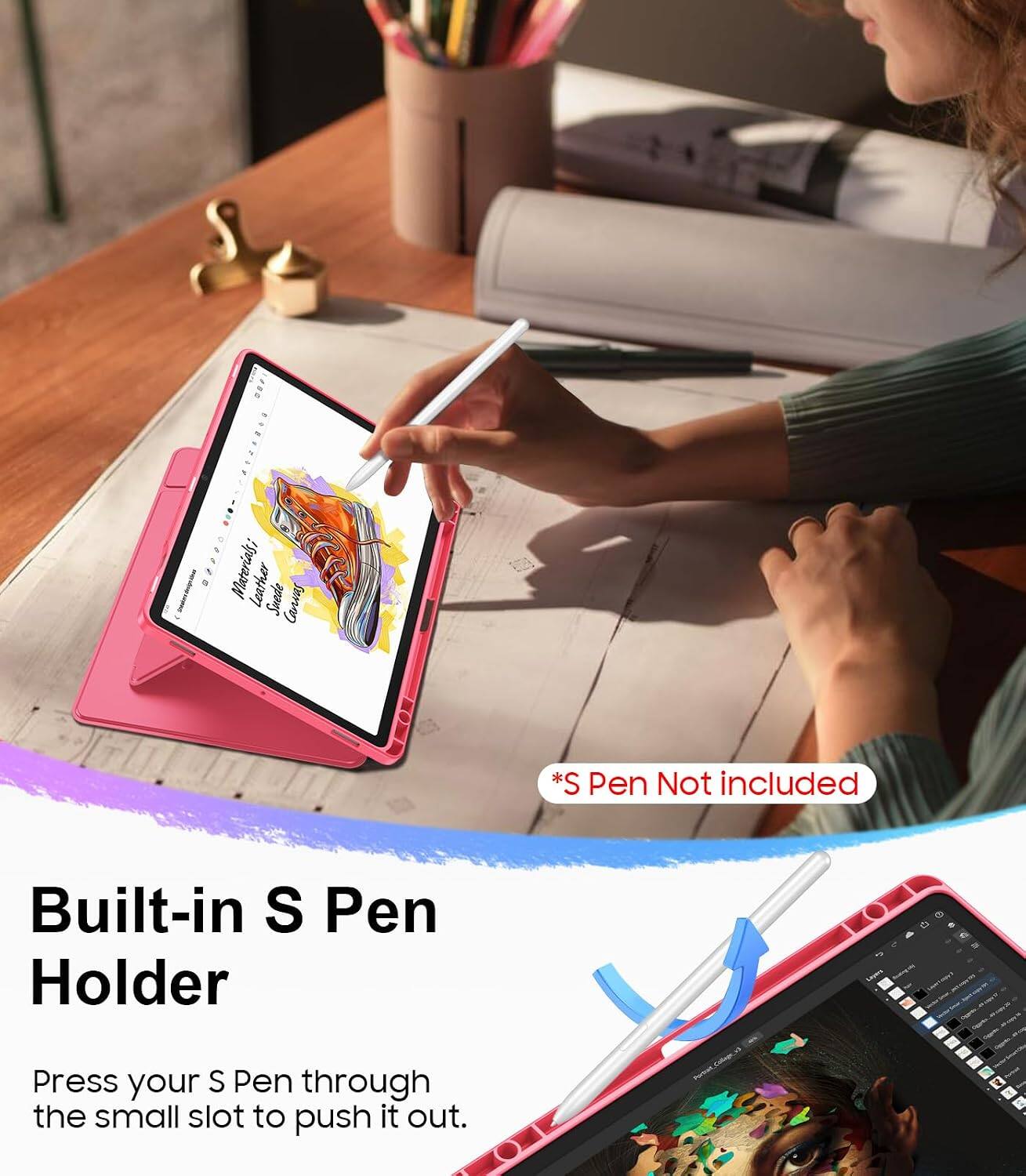 - O Material: leather Suede
- Consos
- *S Pen Not included
- Built-in S Pen Holder
- Press your S Pen through the small slot to push it out.