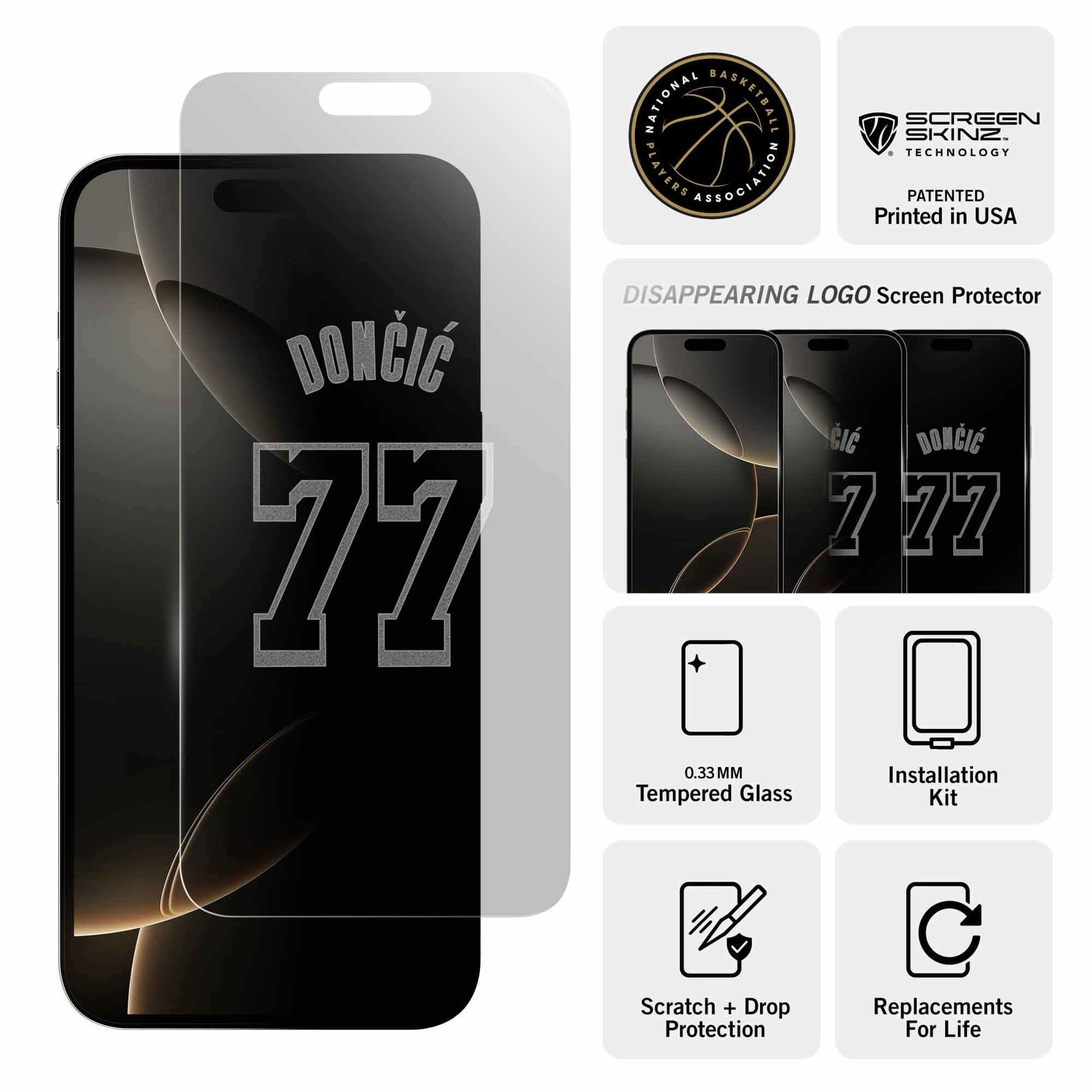 DONCIC 77 NATIONAL BASKETBALL SCREEN SKINZ. TECHNOLOGY PLAYERS ASSOCIATION PATENTED Printed in USA DISAPPEARING LOGO Screen Protector CI DOACI 7 77 0.33MM Installation Tempered Glass Kit Scratch + Drop Protection C Replacements For Life