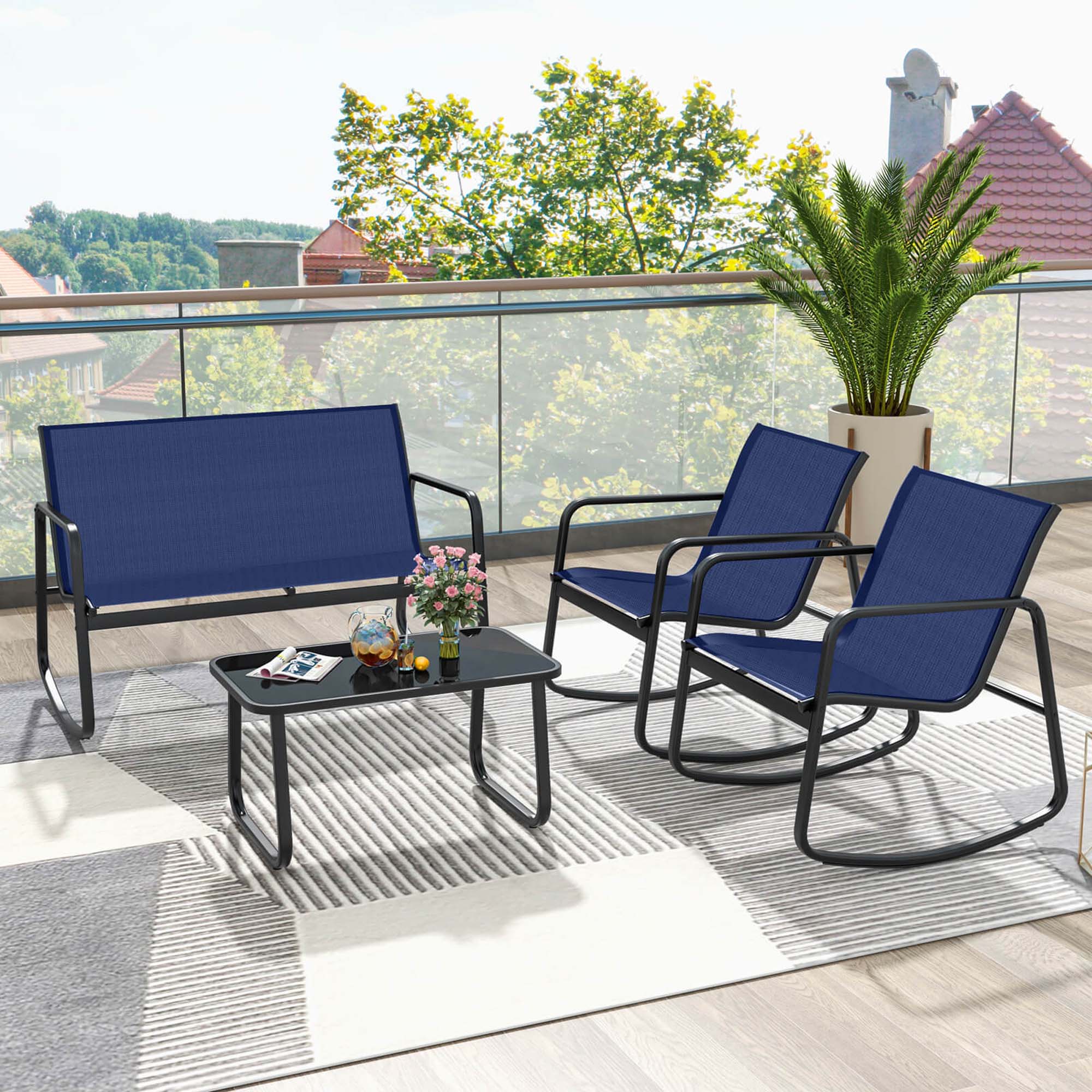 Alt View 3. Costway - 4 PCS Patio Rocking Set 2 Rocking Chairs & Loveseat with Glass-Top Table Outdoor - Navy,Black.
