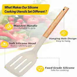 RTMB - Set of four silicone cooking utensils includes heat-resistant slotted spoons with wooden handles - Khaki