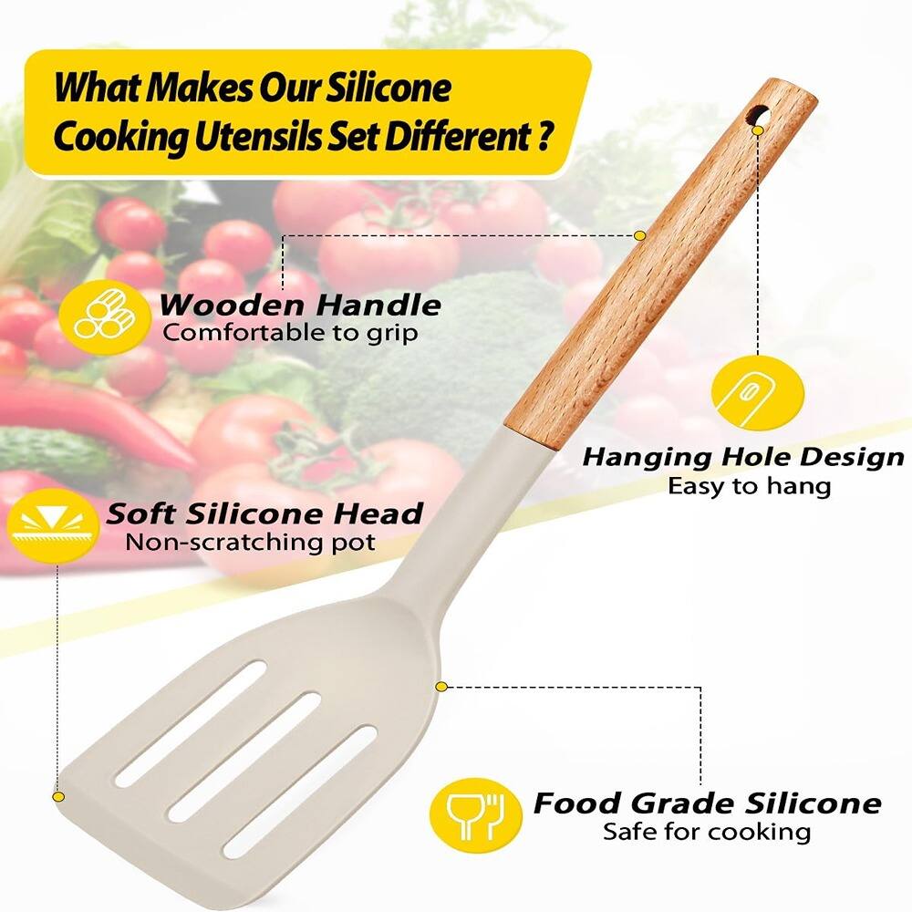 What Makes Our Silicone Cooking Utensils Set Different?

- Wooden Handle
  - Comfortable to grip

- Soft Silicone Head
  - Non-scratching pot

- Hanging Hole Design
  - Easy to hang

- Food Grade Silicone
  - Safe for cooking