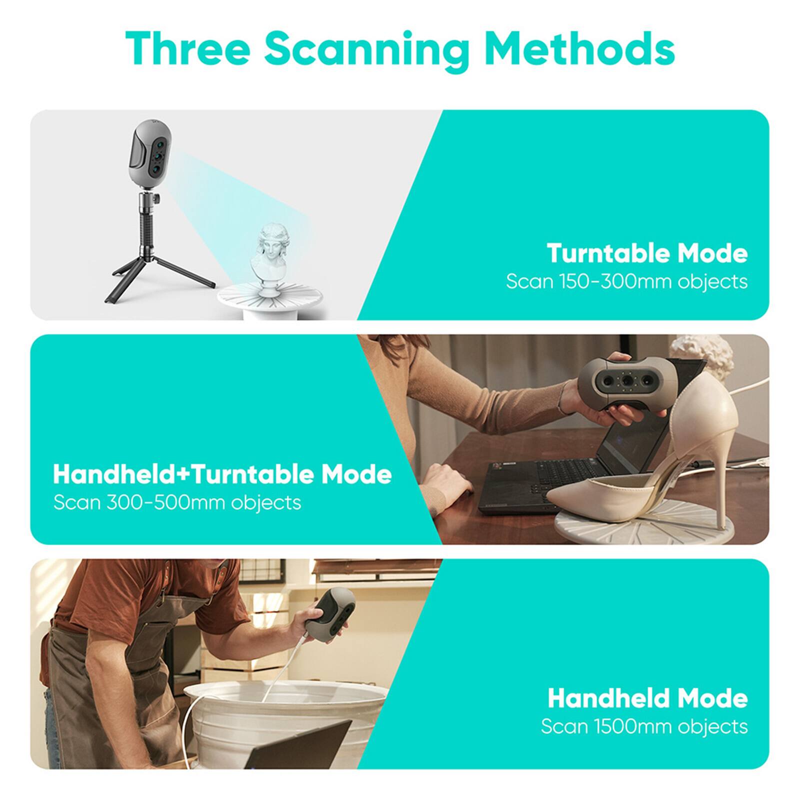 Three Scanning Methods:
1. Turntable Mode: Scan 150-300mm objects
2. Handheld+Turntable Mode: Scan 300-500mm objects
3. Handheld Mode: Scan 1500mm objects