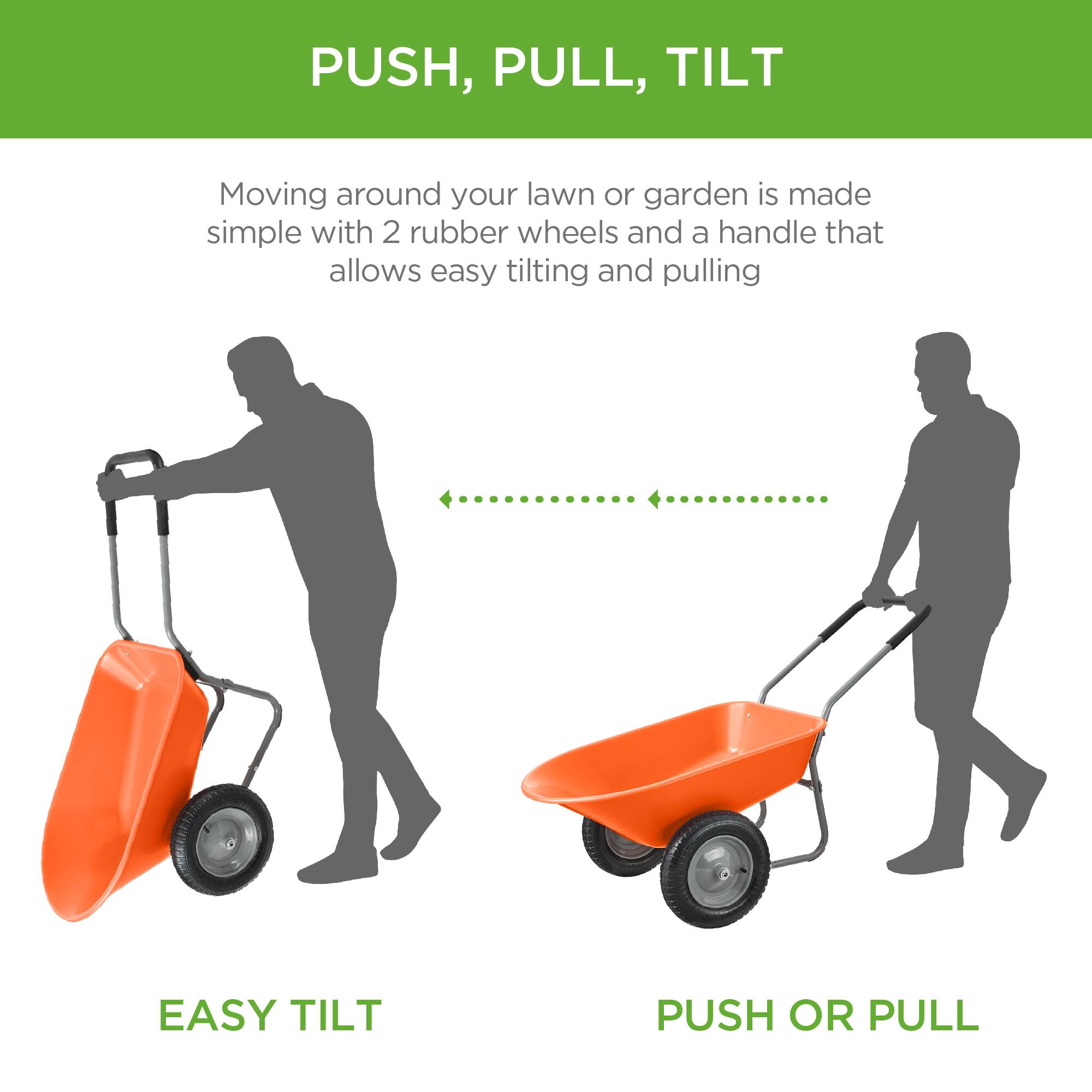 PUSH, PULL, TILT

Moving around your lawn or garden is made simple with 2 rubber wheels and a handle that allows easy tilting and pulling

EASY TILT

PUSH OR PULL