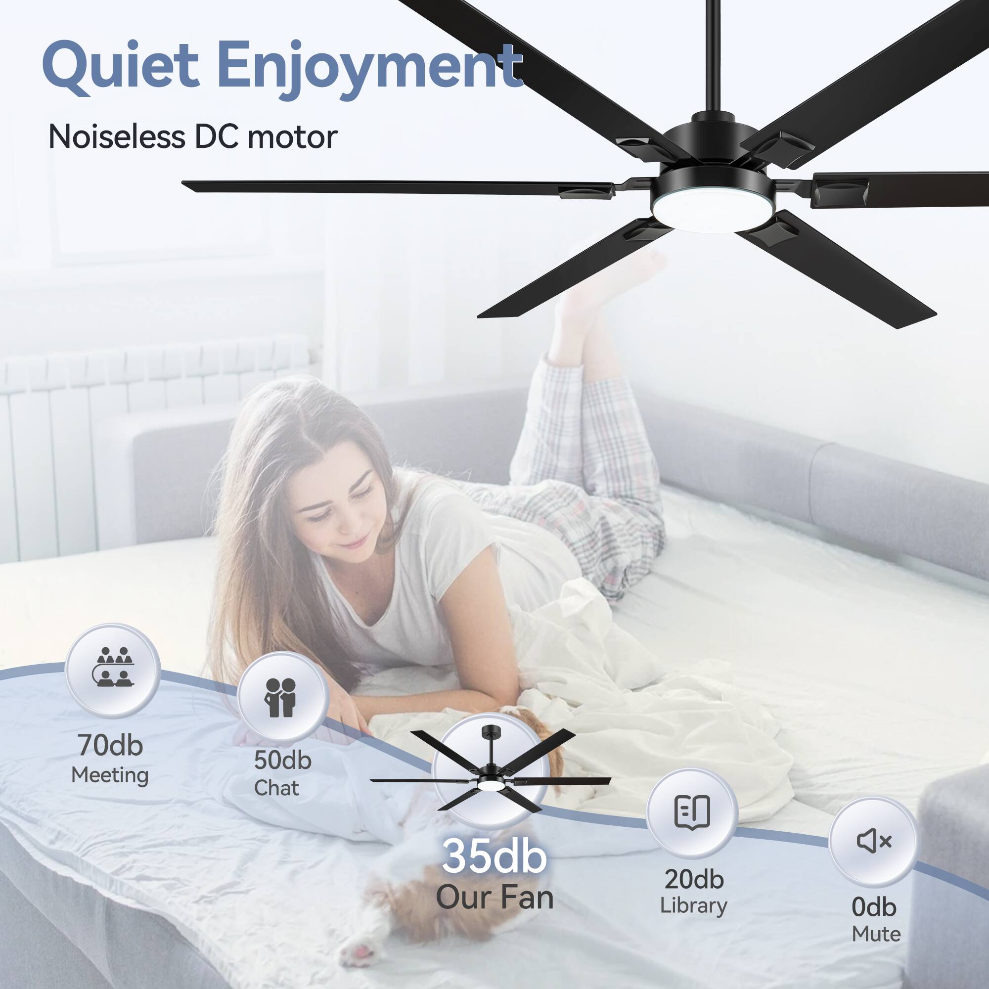 Quiet Enjoyment, Noiseless DC motor, 70db Meeting, 50db Chat, 35db Our Fan, 20db Library, 0db Mute