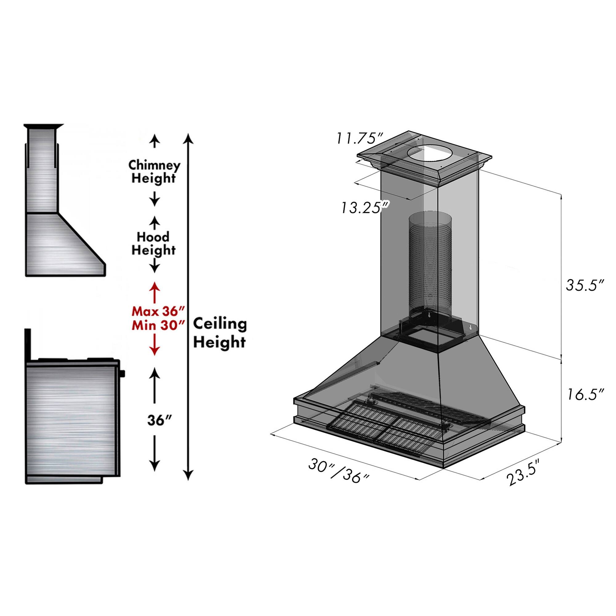 11.75" Chimney Height  
13.25" Hood Height  
35.5" Max 36" Min 30" Ceiling Height  
16.5"  
36"  
30"/36"  
23.5"