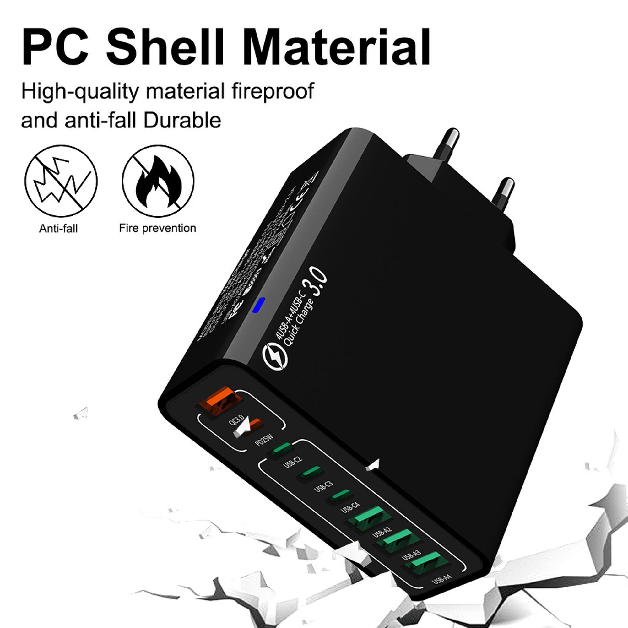 PC Shell Material  
High-quality material fireproof and anti-fall Durable  

Anti-fall  
Fire prevention  

4USB-A + 4USB-C  
Charge 4USB-A Quick C QC3.0  

USB-A2  
USB-A3  
USB-A4  
USB-C1  
USB-C2  
USB-C3