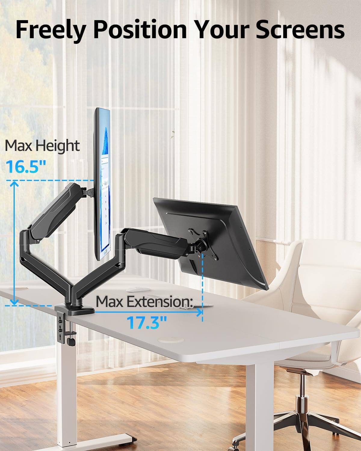 Freely Position Your Screens

Max Height: 16.5"

Max Extension: 17.3"