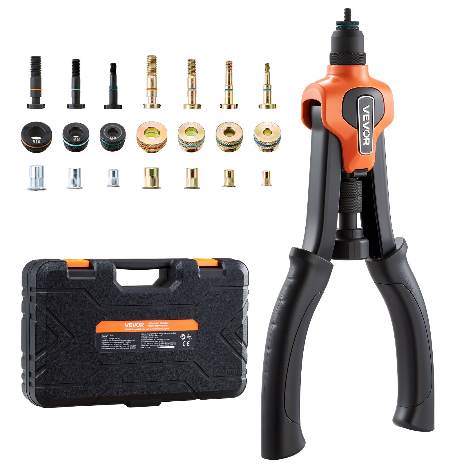 VEVOR - Rivet Nut Tool Kit, 14-Inch Two-Handed Rivnut Tool Kit, with 7 Mandrels and 70 Nuts, Metric and SAE Size M6, M8, M10 - Orange + Black
