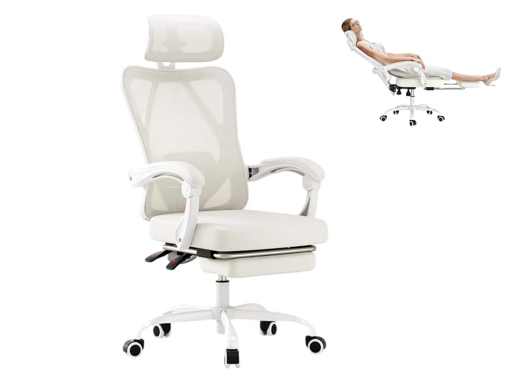 Petrimins - Executive Office Chair with Retractable Footrest & Lumbar Support, All-Day Comfort Cross-Legged Desk Chair - Beige