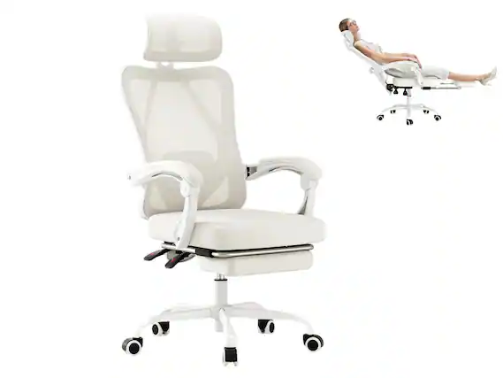 Front. Petrimins - Executive Office Chair with Retractable Footrest & Lumbar Support, All-Day Comfort Cross-Legged Desk Chair - Beige.