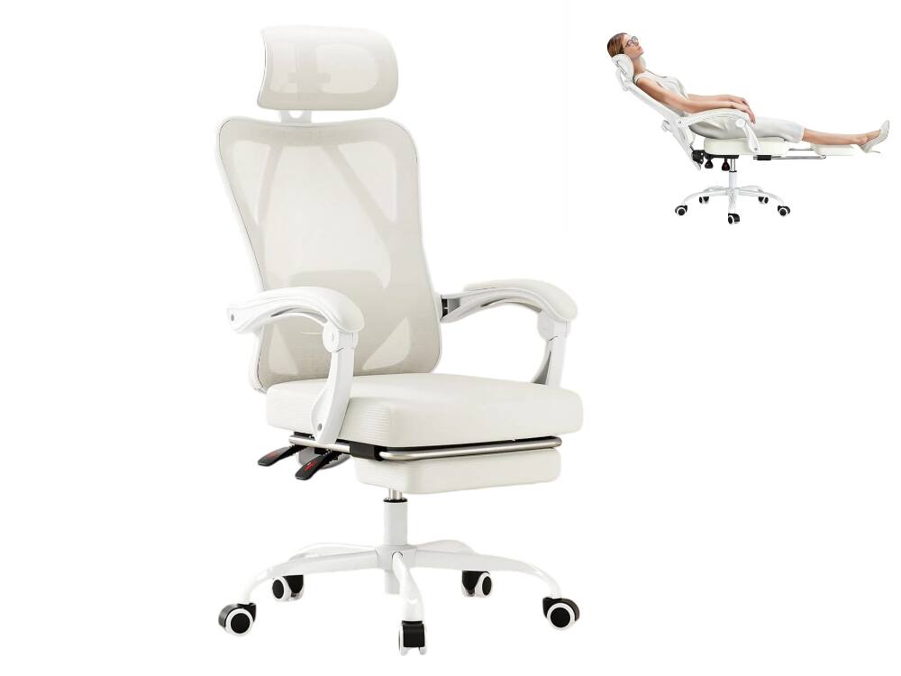 Front. Petrimins - Executive Office Chair with Retractable Footrest & Lumbar Support, All-Day Comfort Cross-Legged Desk Chair - Beige.