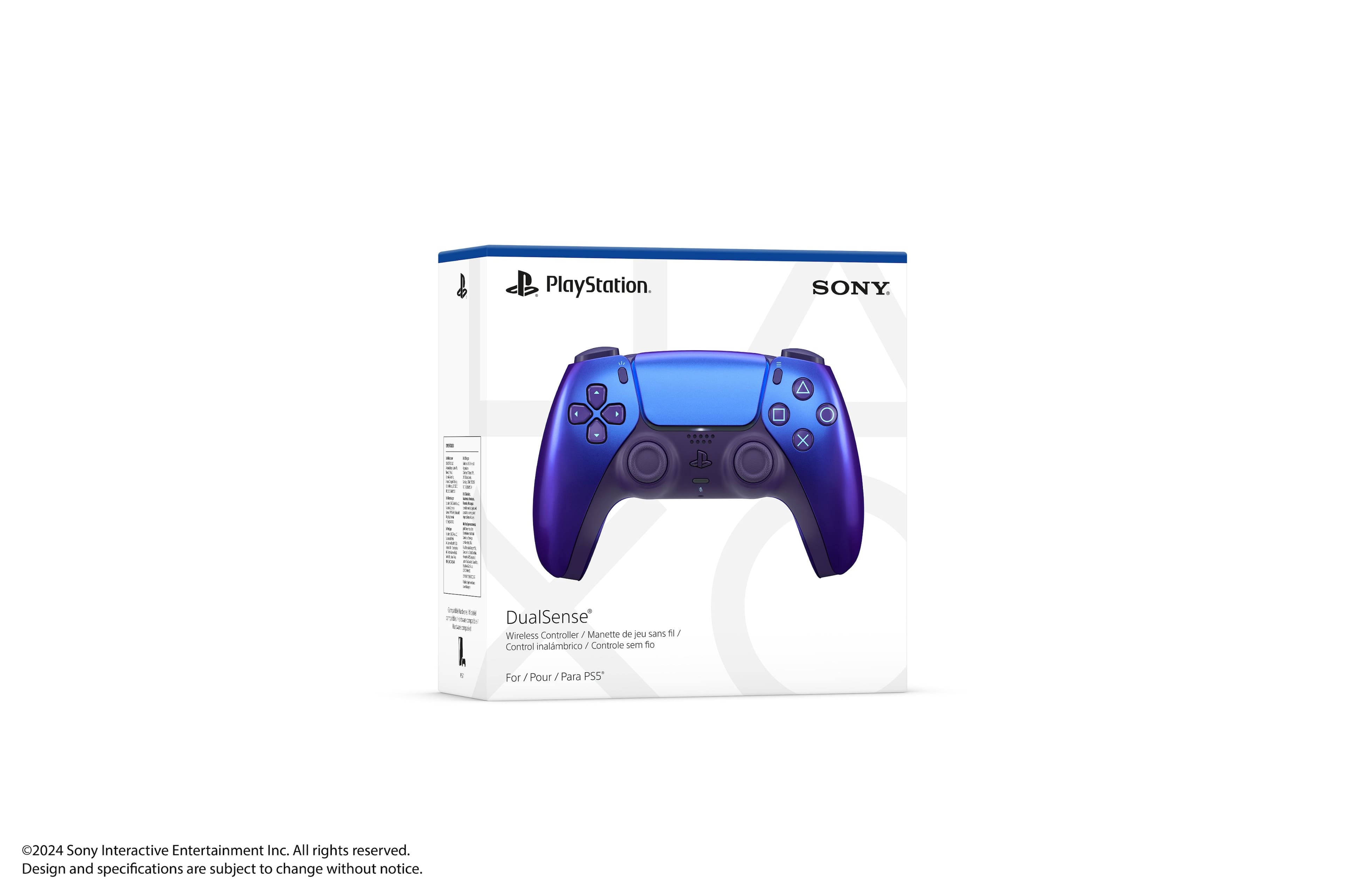 The text on the image reads: "PlayStation. SONY. DualSense Wireless Controller. Manette de eu sans N Control inalmbrico. Controle sem to 1 1. For PSS 2024. Sony Interactive Entertainment Inc. All rights reserved. Design and specifications are subject to change without notice."