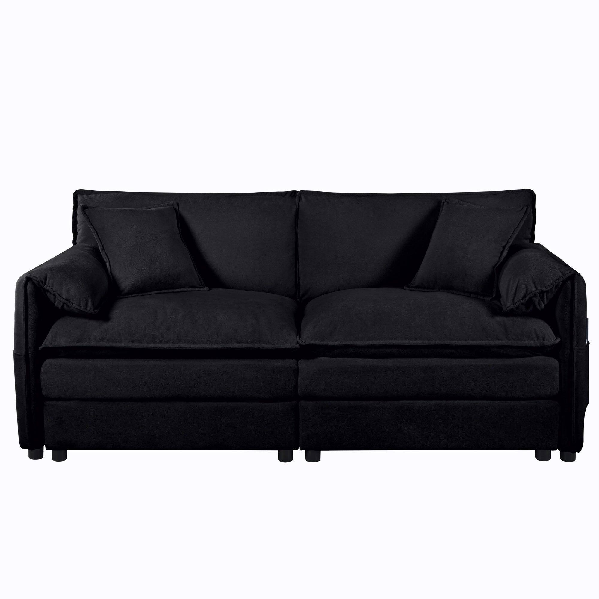 Boyel Living - Modern Minimalist Black Chenille Sofa with Side Storage Pockets 4-Seat - Black - Thumbnail 3