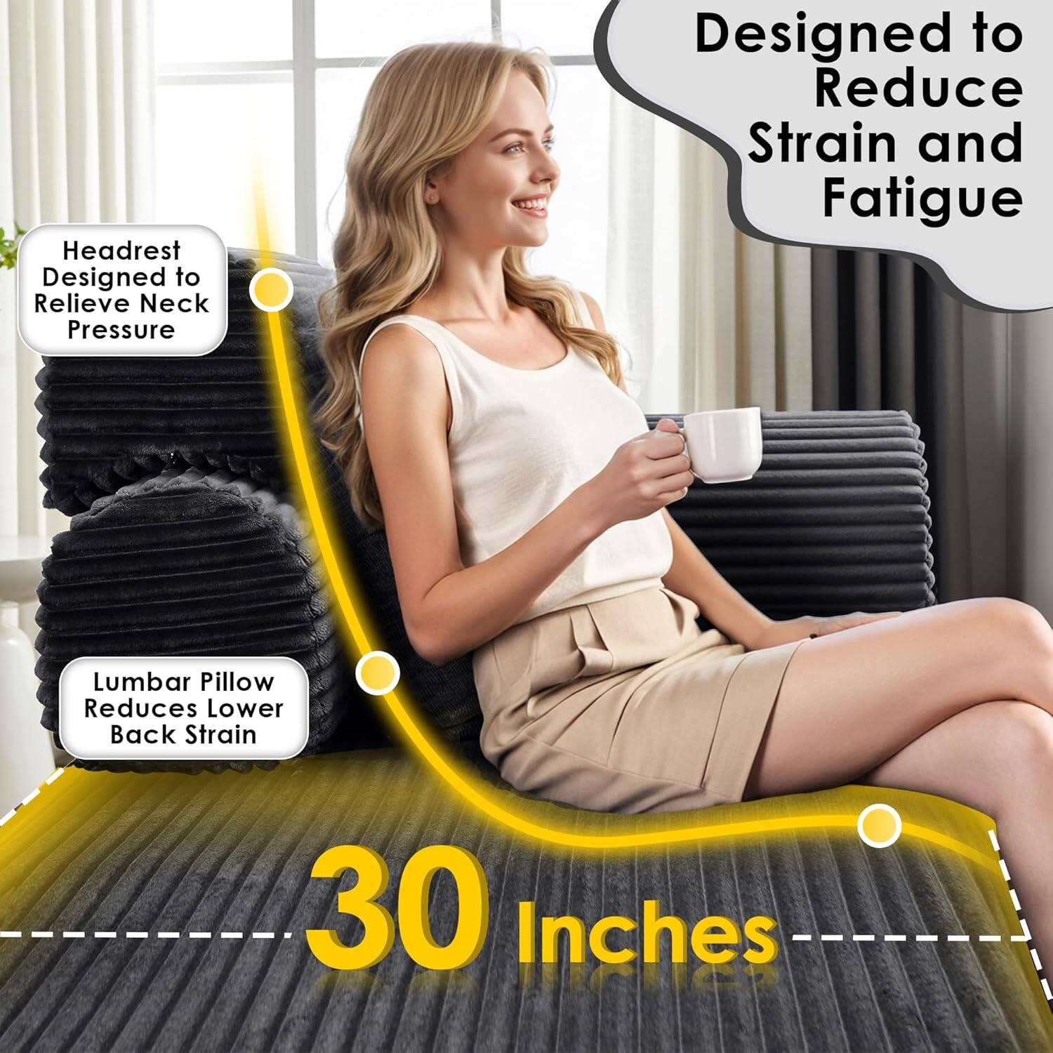 - Headrest Designed to Relieve Neck Pressure
- Designed to Reduce Strain and Fatigue
- Lumbar Pillow Reduces Lower Back Strain
- 30 Inches