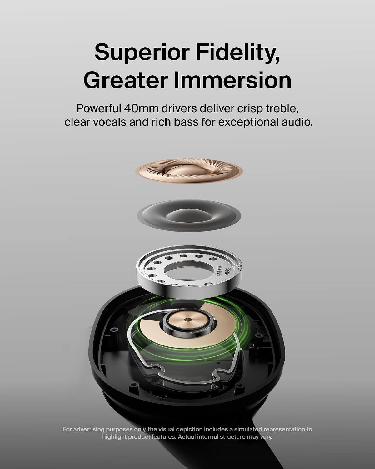 Superior Fidelity, Greater Immersion

Powerful 40mm drivers deliver crisp treble, clear vocals and rich bass for exceptional audio.

For advertising purposes only, the visual depiction includes a simulated representation to highlight product features. Actual internal structure may vary.