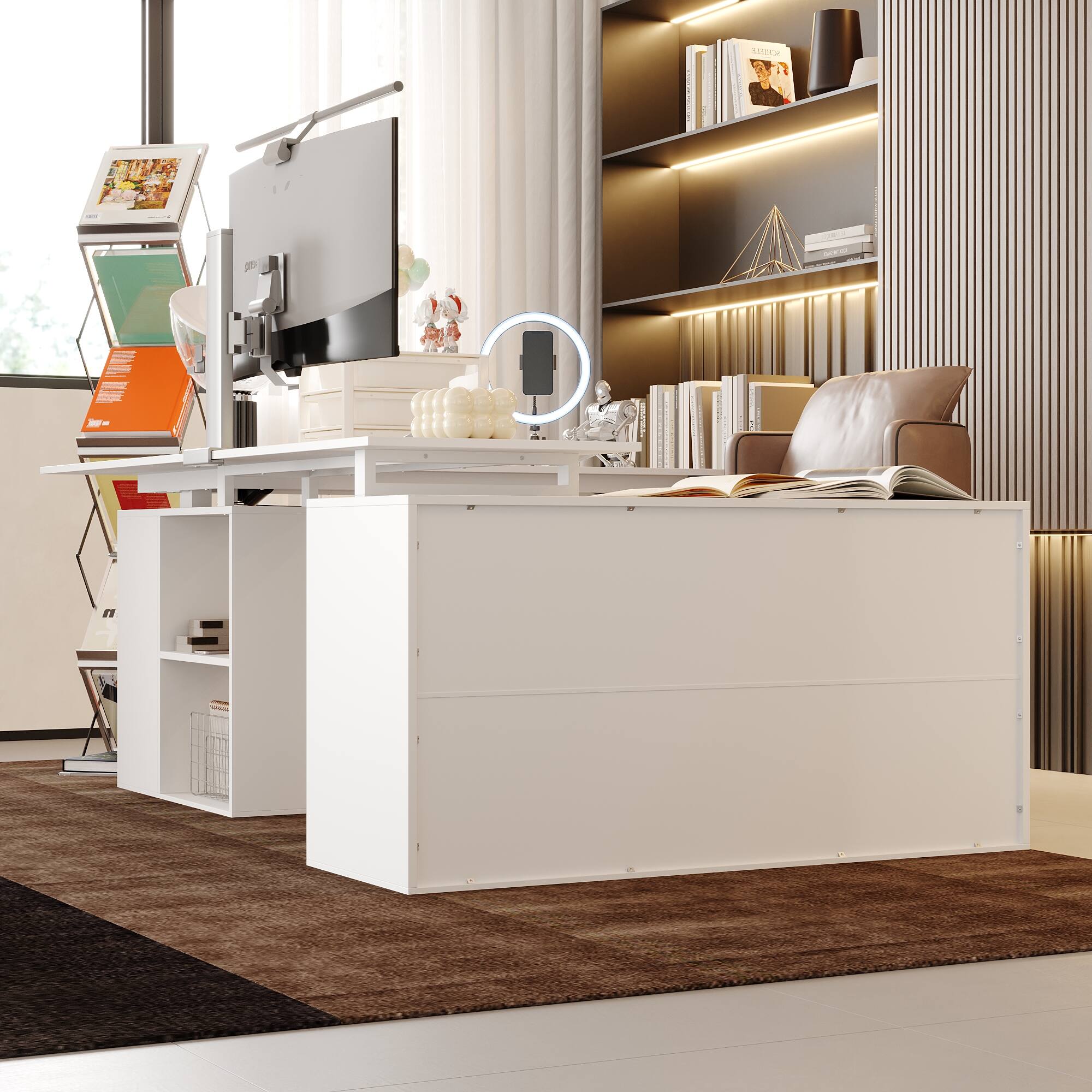 Left. Famapy - Famapy L - Shaped Electric Standing Desk: Adjustable, Modular & Organized Home Office Desk - White.