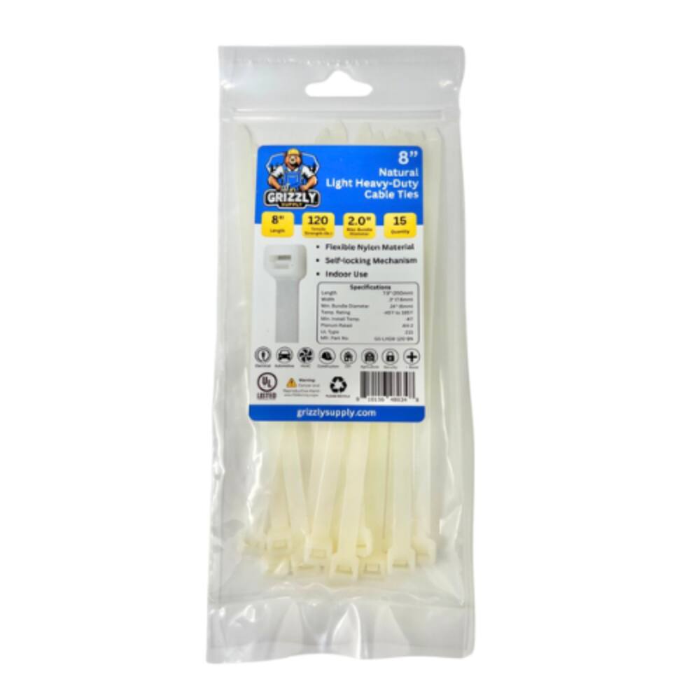 8" Natural Light Heavy-Duty GRIZZLY Cable Ties, 8" x 120, 2.0" x 15, Flexible Nylon Material, Self-locking Mechanism, Indoor Use. Specifications: UL Listed, grizzlysupply.com