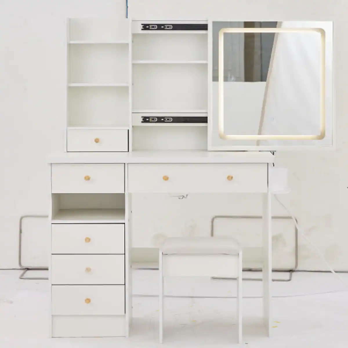 Alt View 3. Loheer - Loheer 37 inch makeup vanity table with cushioned stool, sliding mirror, LED lights and charging station - White.